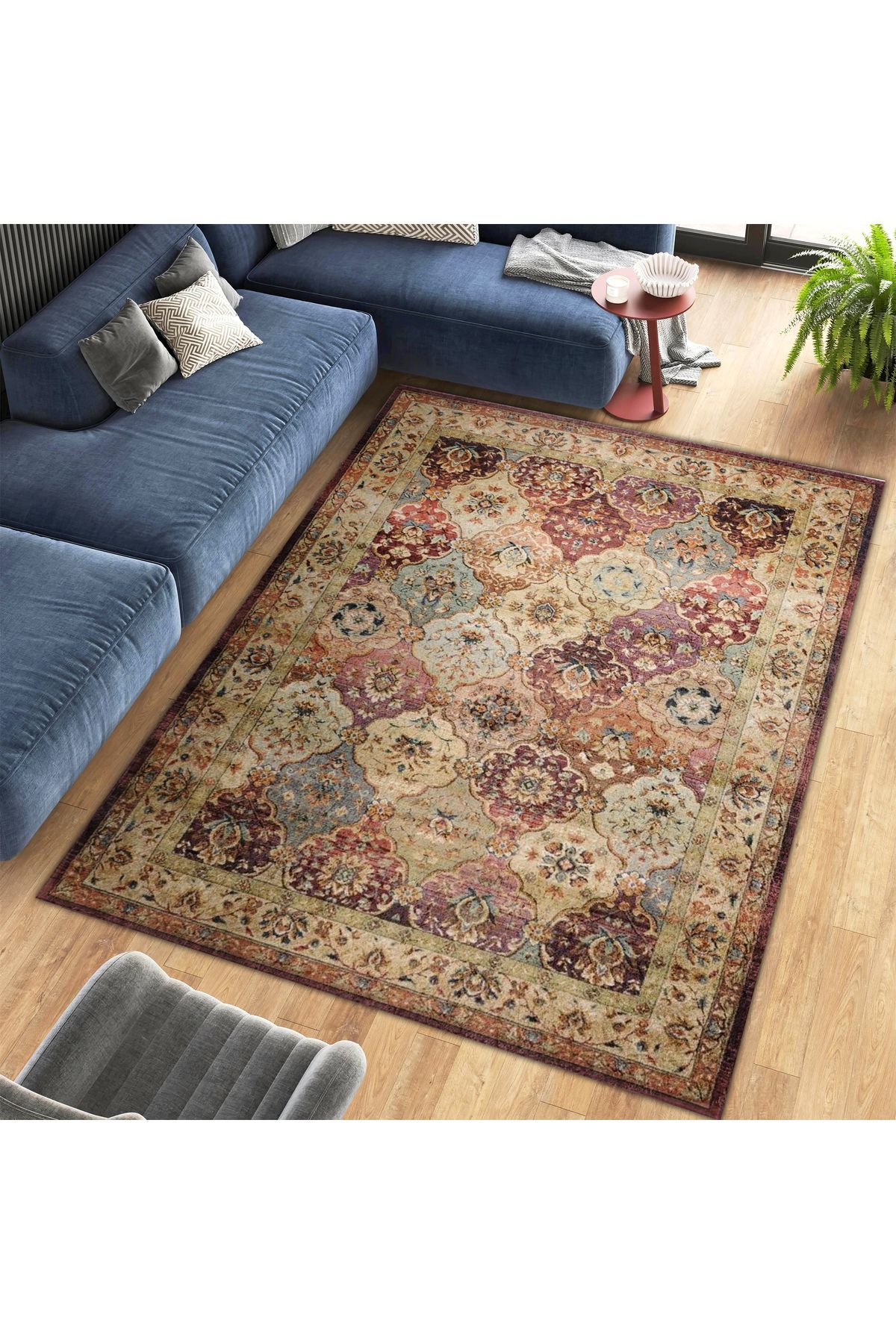 Kuzey Koleksiyonu Turuncu Bej Etnik Desenli Dokuma Taban Dekoratif Halı kuzey10