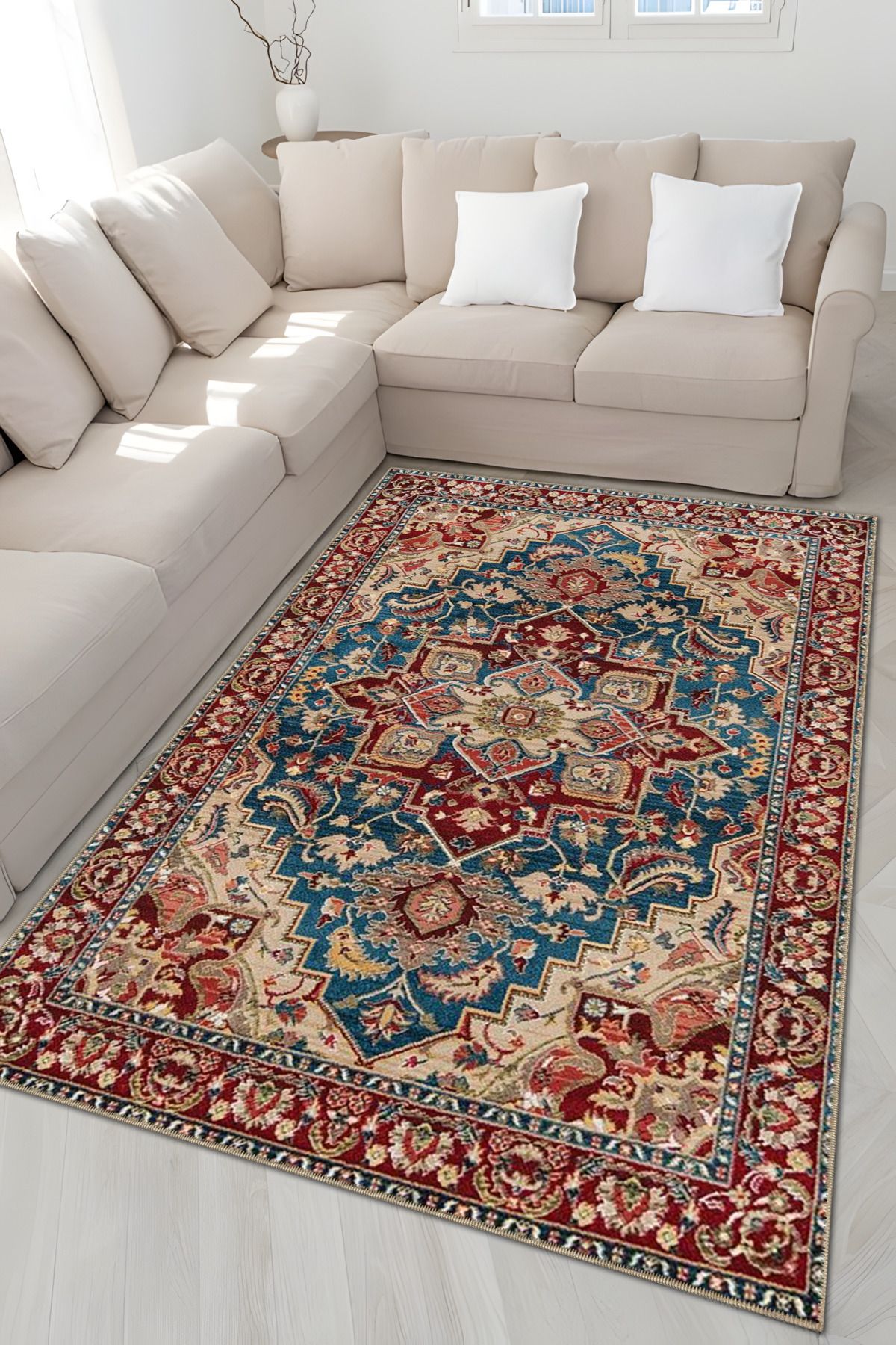 Mavi ve Bordo Temalı Geleneksel Motif Etnik Desenli Vintage Dekoratif Halı 4973