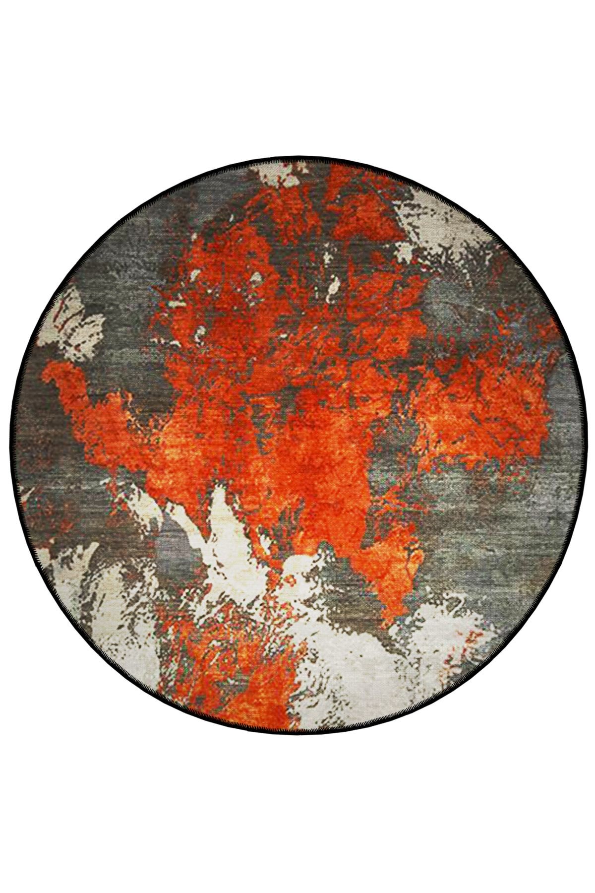 Turuncu Gri Temalı Soyut Abstract Desenli Yuvarlak Dokuma Taban Modern Dekoratif Halı 6179