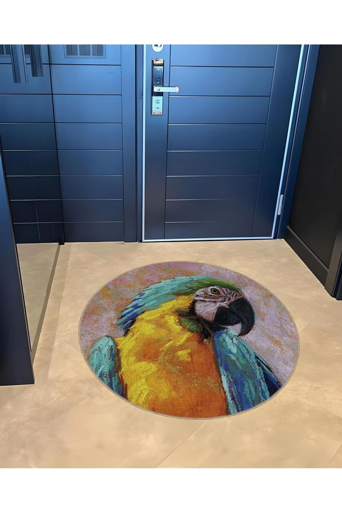 Animal Koleksiyonu Yuvarlak Sarı Mavi Papağan Desenli Dokuma Taban Yıkanabilir Halı animal15