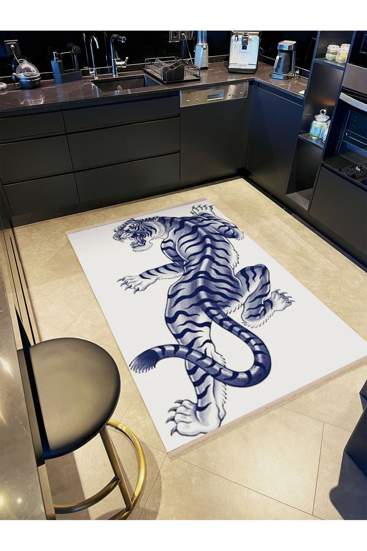 Leyla Koleksiyonu Beyaz Zemin Üzerine Koyu Lacivert Vahşi Kaplan Dokuma Taban Dekoratif Halı leyla40