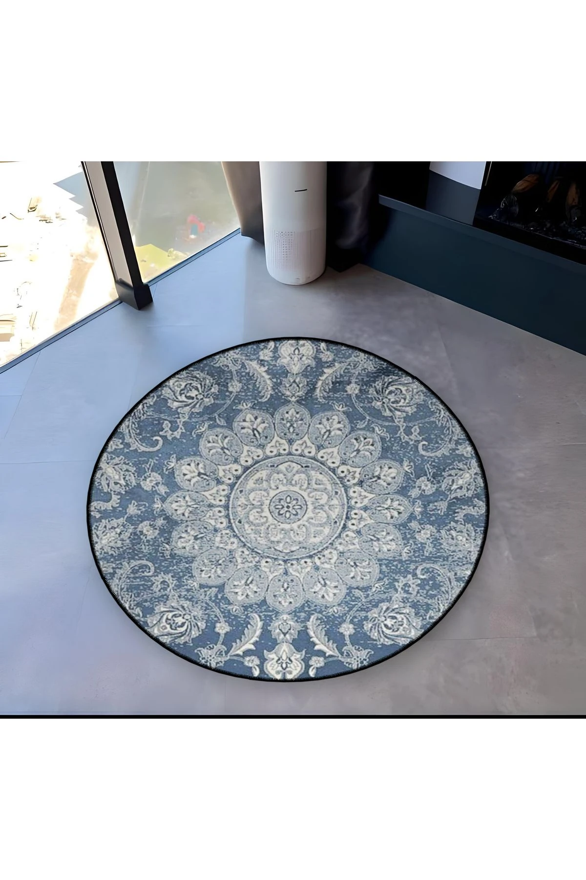 Mavi Temalı Etnik Motifli Geleneksel Desenli Yuvarlak Dokuma Taban Vintage Dekoratif Halı 6124
