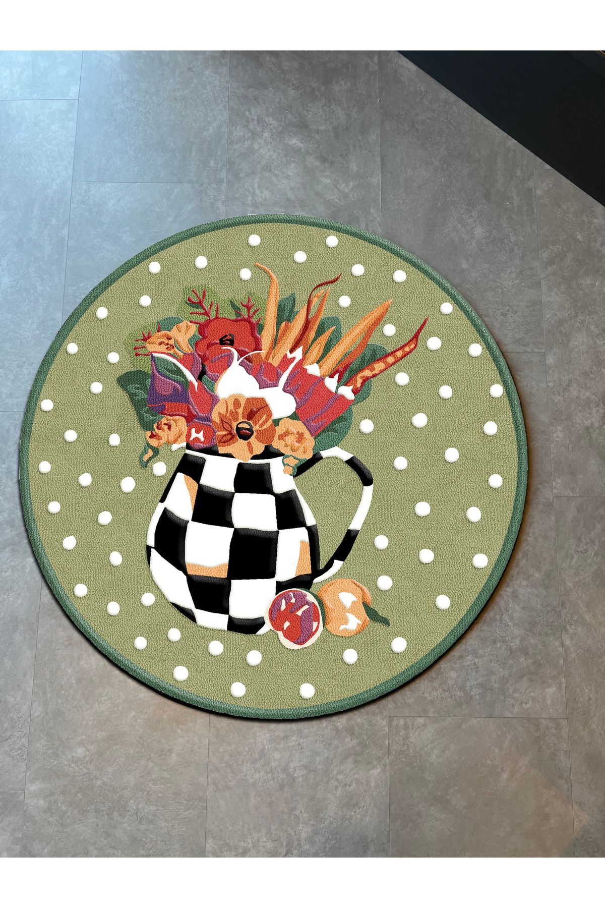 Mira 917 Vazoda Çiçekler Temalı Yeşil Yuvarlak Halı