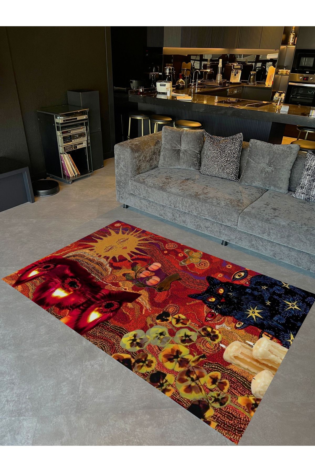 Güneş Koleksiyonu Mumlar Kedi ve Güneş Desenli Dokuma Taban Modern Dekoratif Halı güneş24