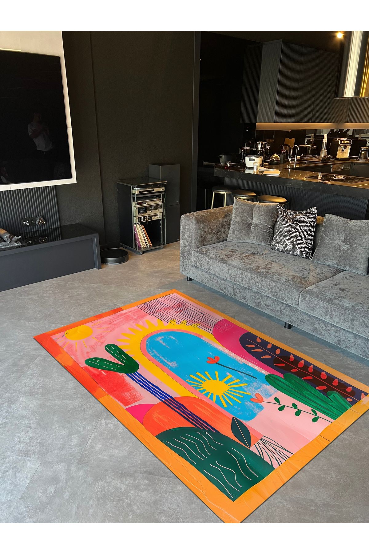 Paris Koleksiyonu Çok Renkli Güneş ve Kaktüs Desenli Modern Dekoratif Halı paris09