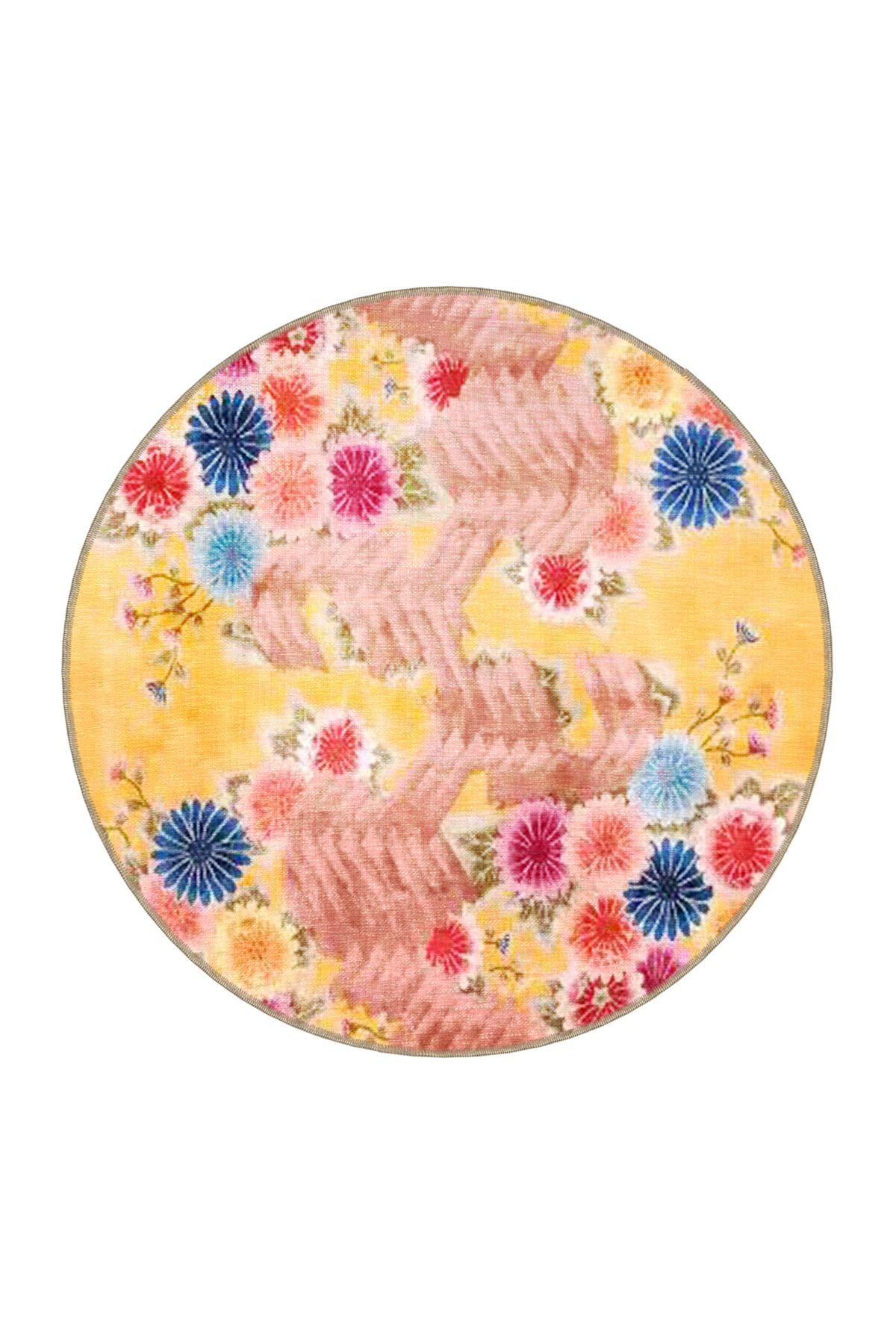 Sarı Temalı Çok Renkli Floral Çiçek Desenli Modern Dekoratif Halı 3493