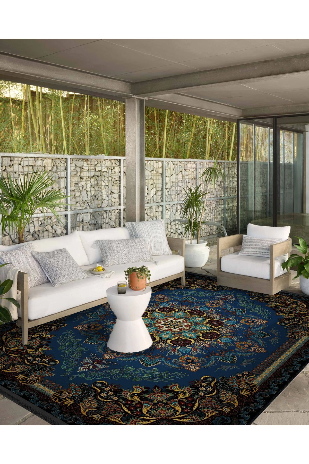 Sarı Çerçeve Detaylı Lacivert Desenli Etnik Serisi Modern Dekoratif Halı etnik21