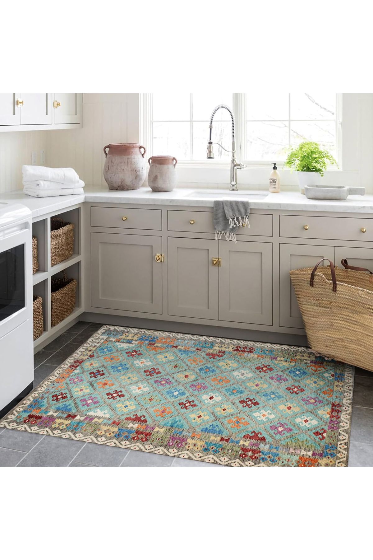 Mete Koleksiyonu Turkuaz Tema Etnik Motifler Desenli Vintage Dekoratif Halı 08