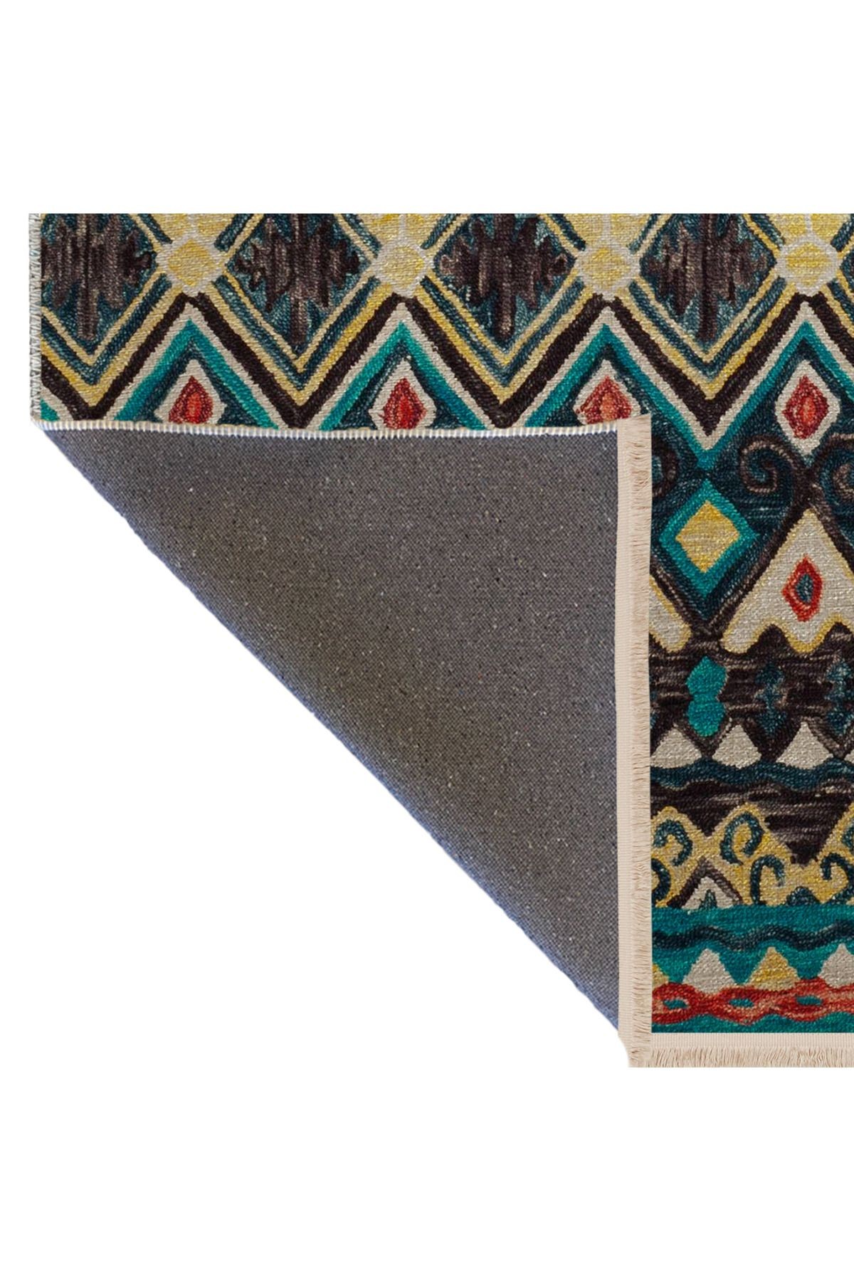 Mavi Temalı Çok Renkli Şerit Geleneksel Motifli Etnik Desenli Vintage Dekoratif Halı 2784