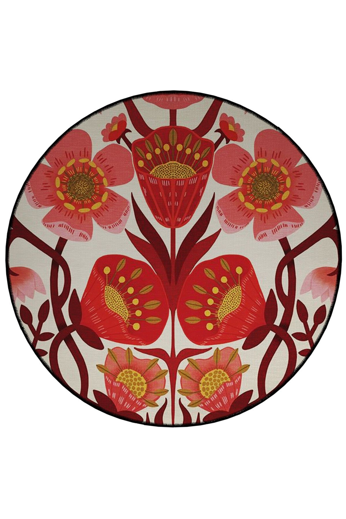 Kırmızı Temalı Çiçek Gül Desenli Yuvarlak Dokuma Taban Modern Dekoratif Halı 6139