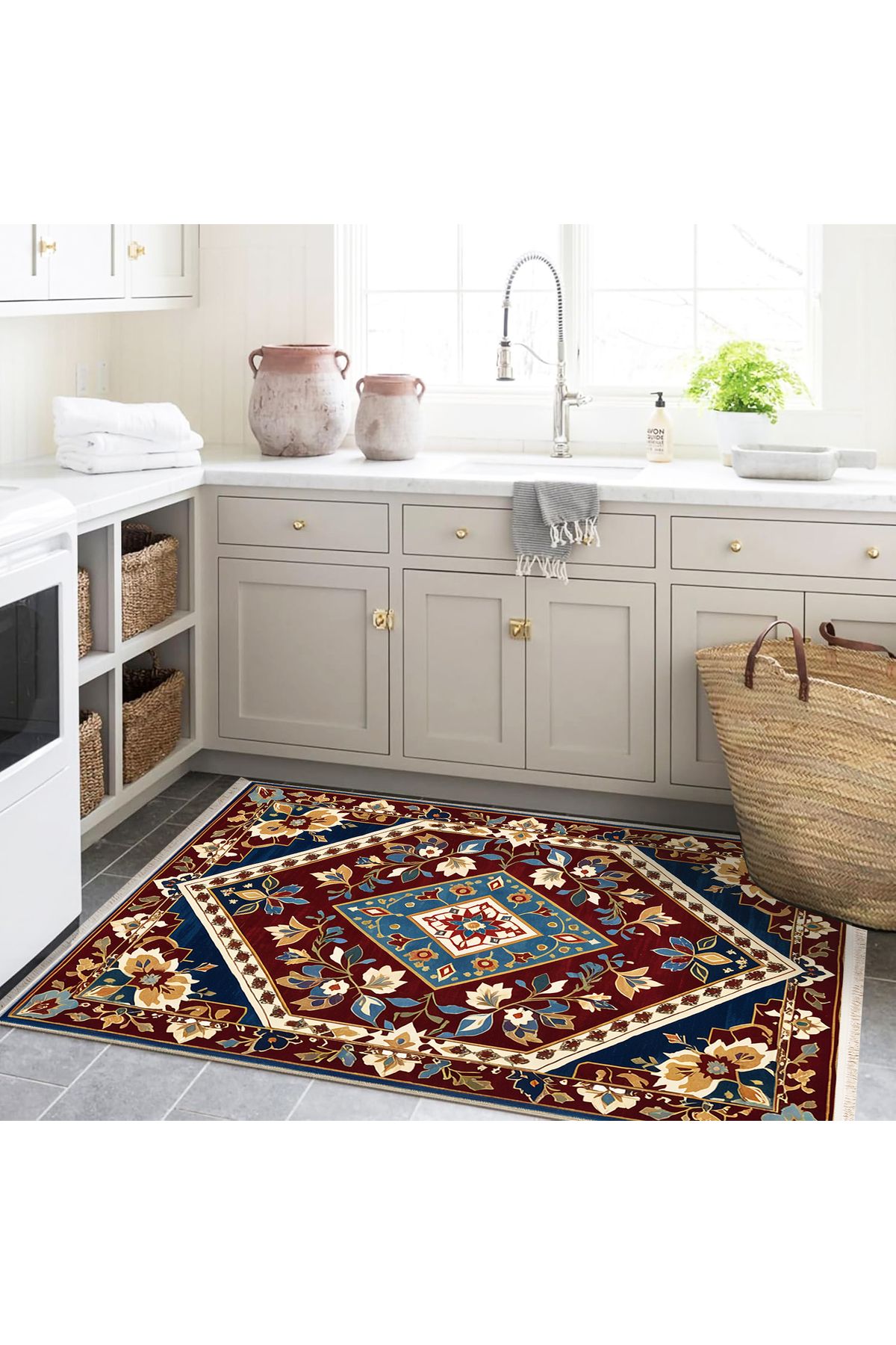 Semih Koleksiyonu Bordo Tema Çiçek Motifli Geleneksel Desenli Dokuma Taban Vintage Dekoratif Halı 22