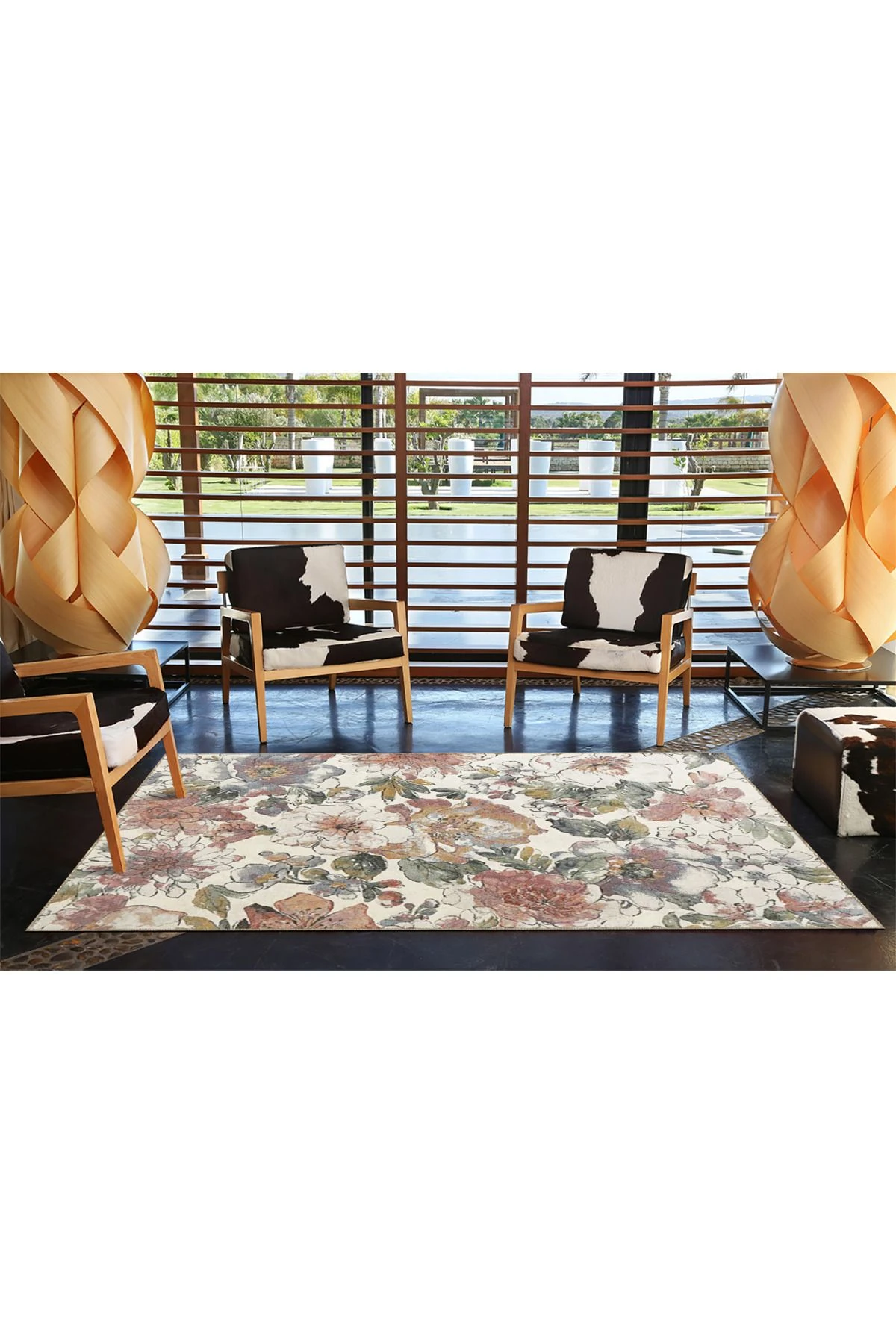 Pembe Bej Temalı Floral Çiçek Desenli Kreatif Modern Dekoratif Halı 3901