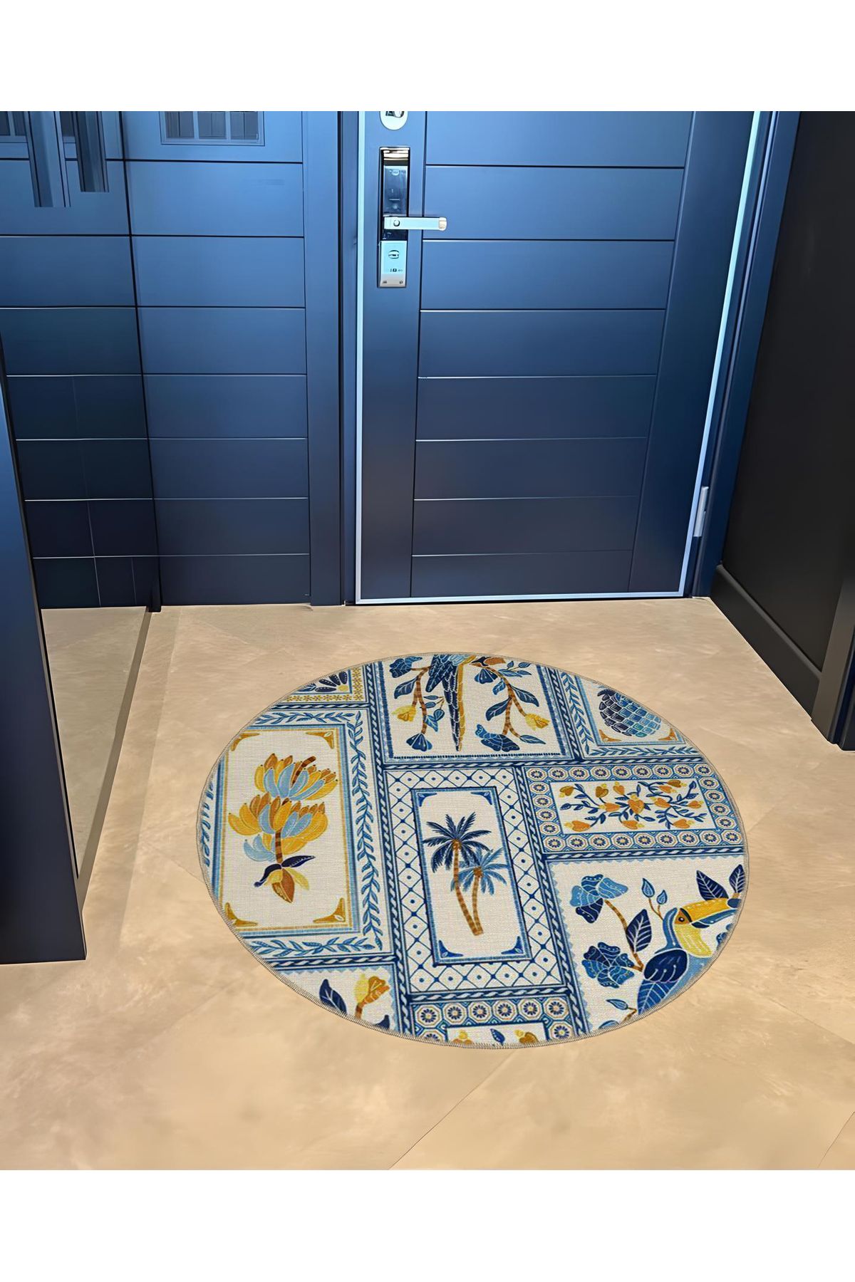 Antik Tasarım Serisi Yuvarlak Mavi Beyaz Detaylı Dokuma Taban Halı antik115