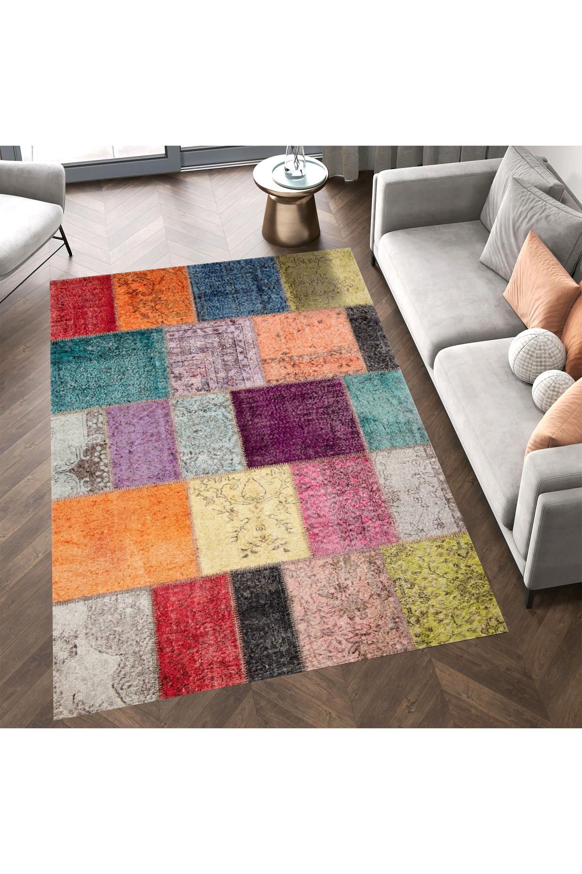 Cansu Koleksiyonu Patchwork Görünümlü Çok Renkli Dokuma Taban Modern Dekoratif Halı cansu10