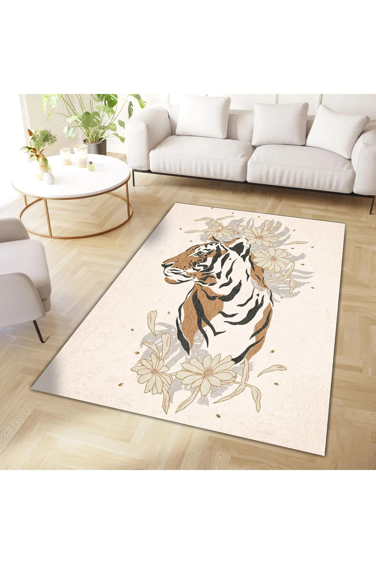 Kuzey Koleksiyonu Bej Tonlarda Kaplan Detaylı Dokuma Taban Modern Dekoratif Halı kuzey19