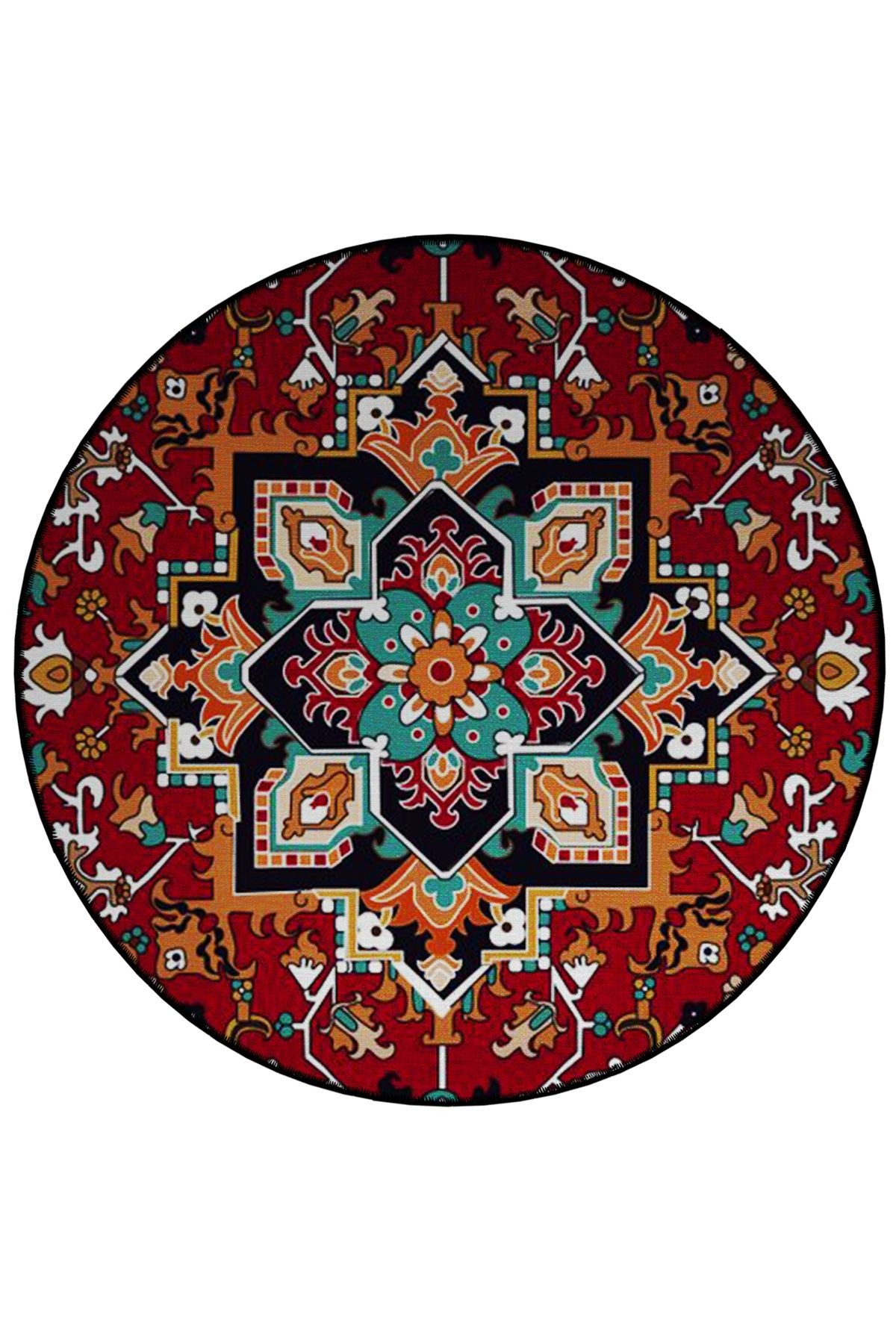 Bordo Temalı Geleneksel Motif Desenli Yuvarlak Dokuma Taban Vintage Dekoratif Halı 6134