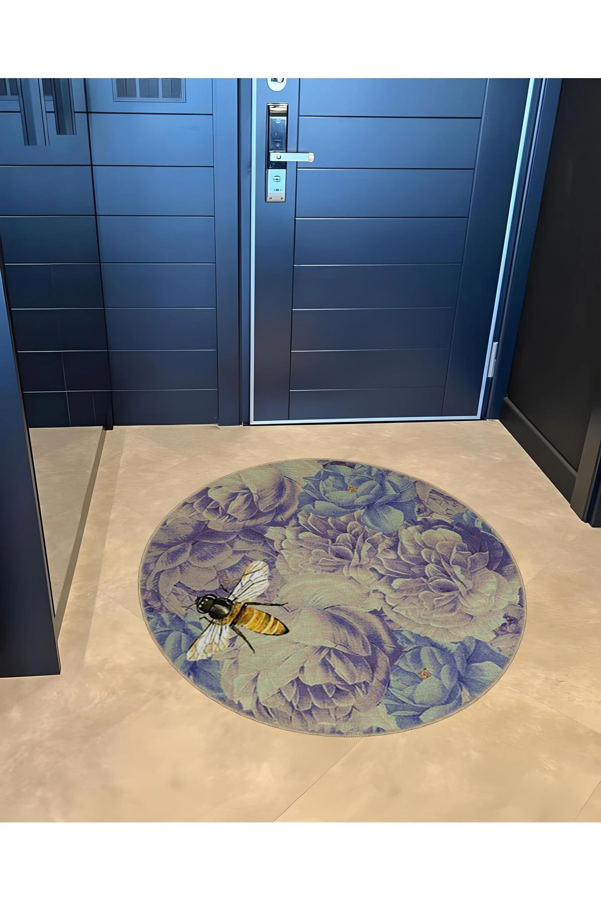 Mira Yuvarlak Mavi Mor Tonlarda Çiçekler ve  Arı Detaylı Modern Dekoratif Halı 5526