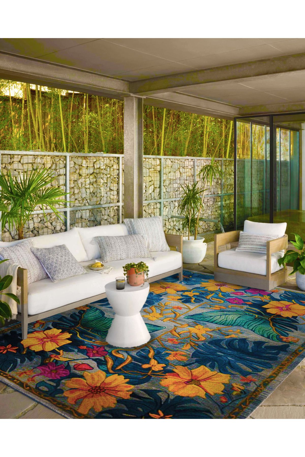 Paris Koleksiyonu Mavi ve Sarı Temalı Karma Çiçek Motifleri Desenli Modern Dekoratif Halı 137