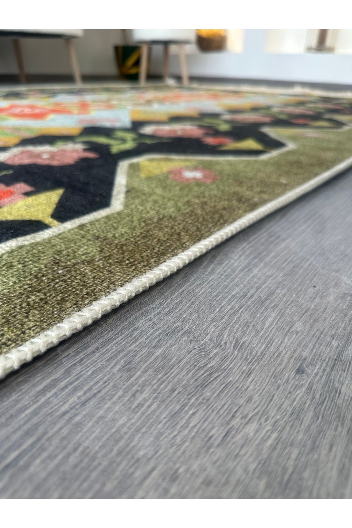 Opal Yeşil Siyah Etnik Desenli Dokuma Taban Modern Dekoratif Halı opal12