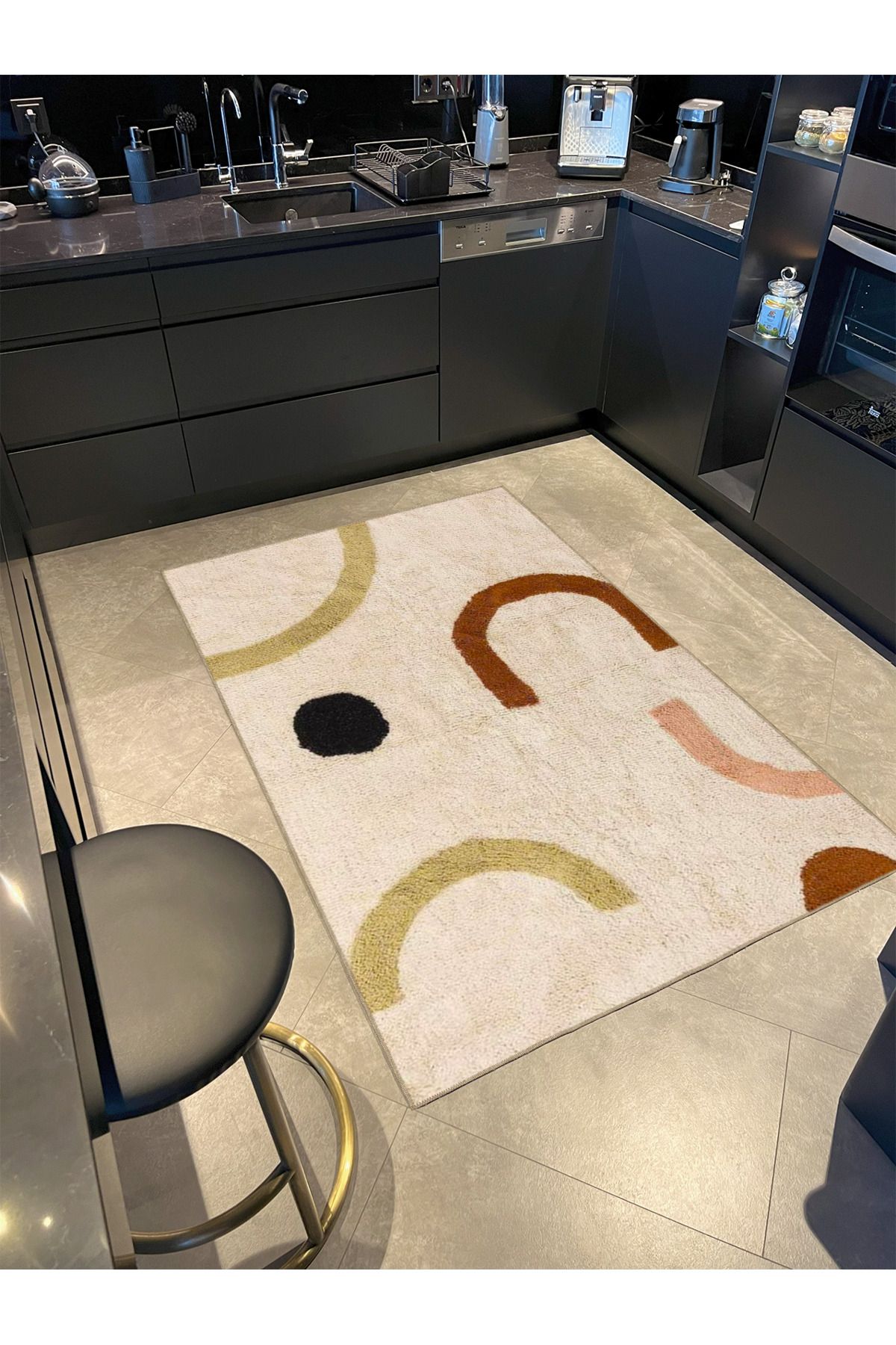 Krem Renkli Geometrik Temalı Desenli Dokuma Taban Halı ve Yıkanabilir Halı miravip10220