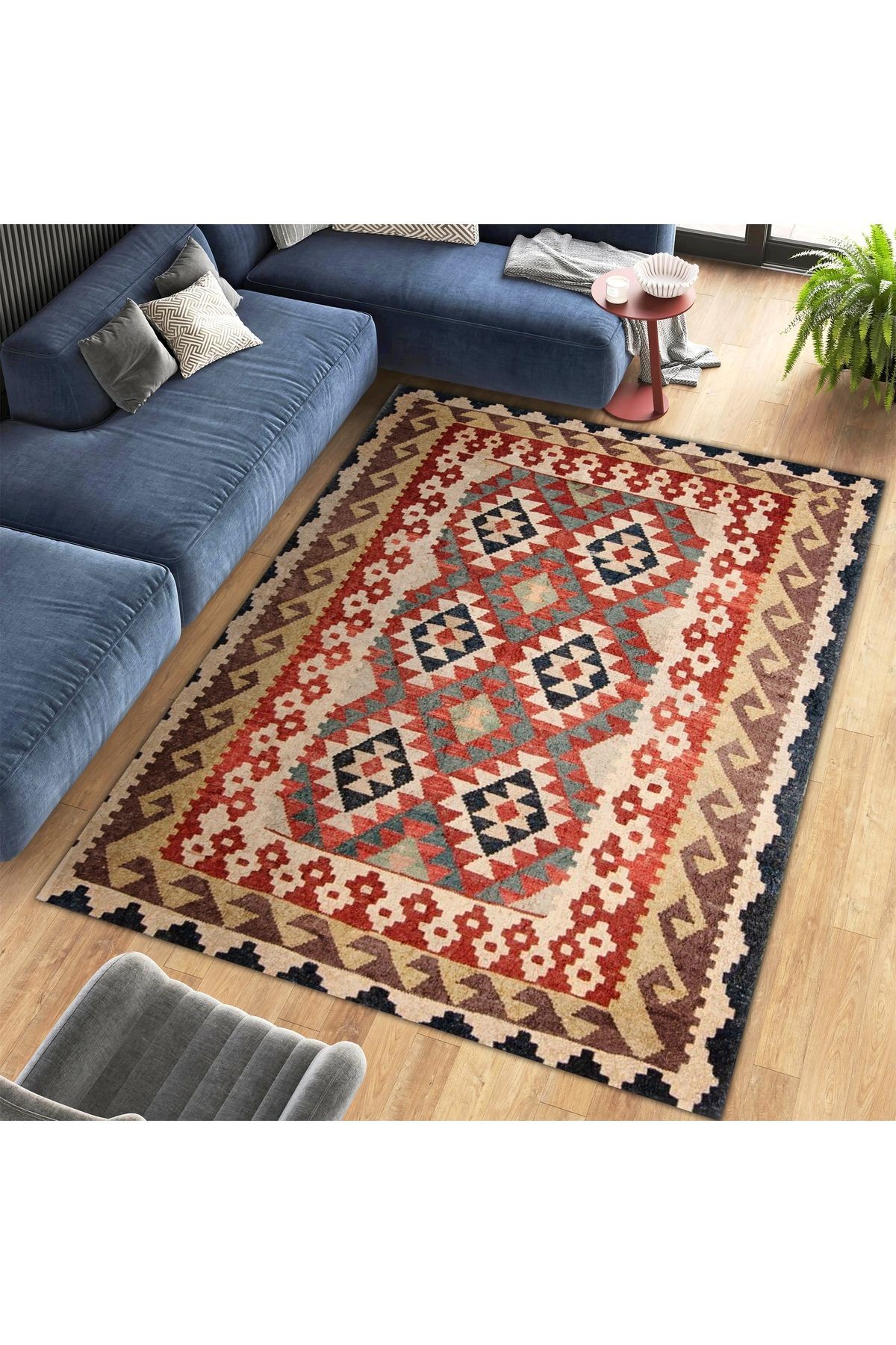 Aysu Koleksiyonu Çok Renkli Etnik Desen Detaylı Dokuma Taban Modern Dekoratif Halı aysu10