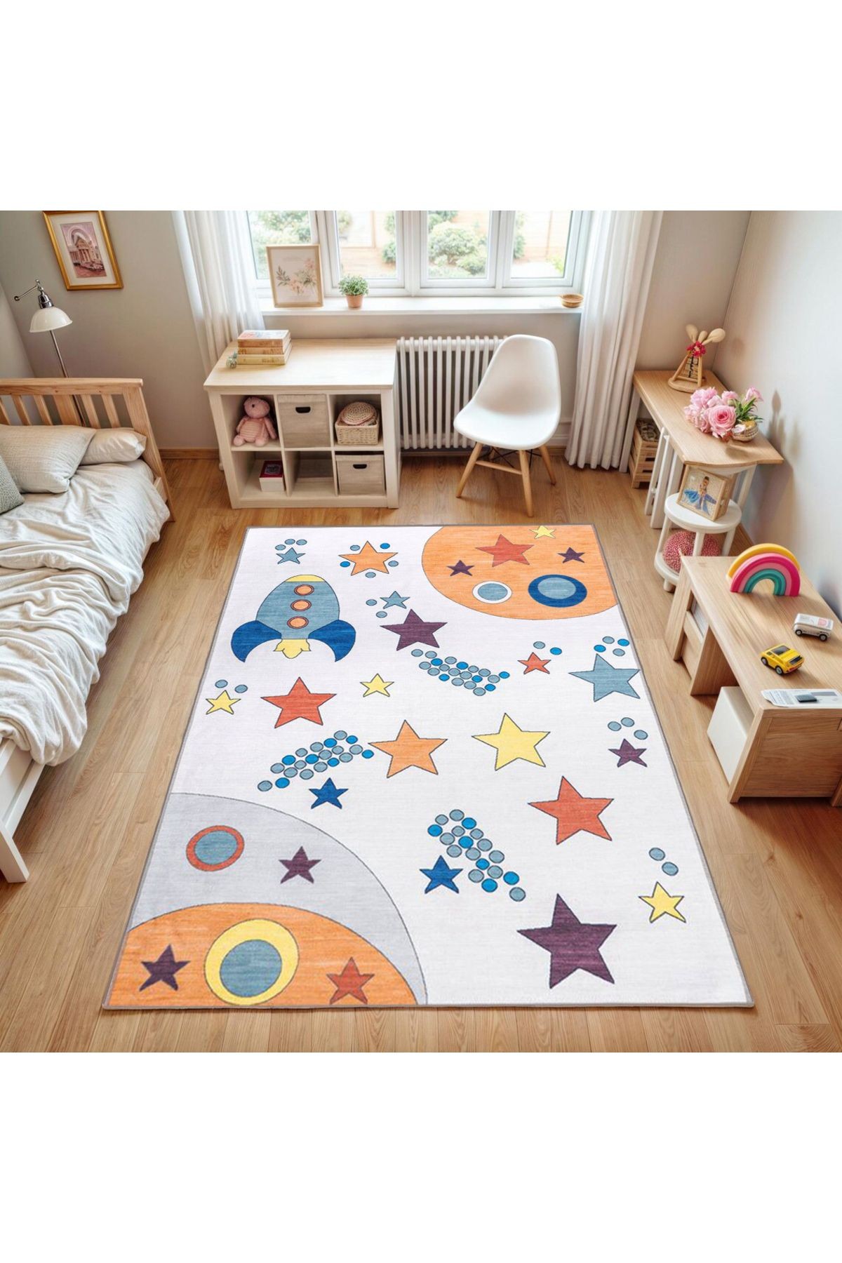 Asya Koleksiyonu Çok Renkli Yıldız ve Uzay Gemisi Desenli Dokuma Taban Modern Dekoratif Halı asya21