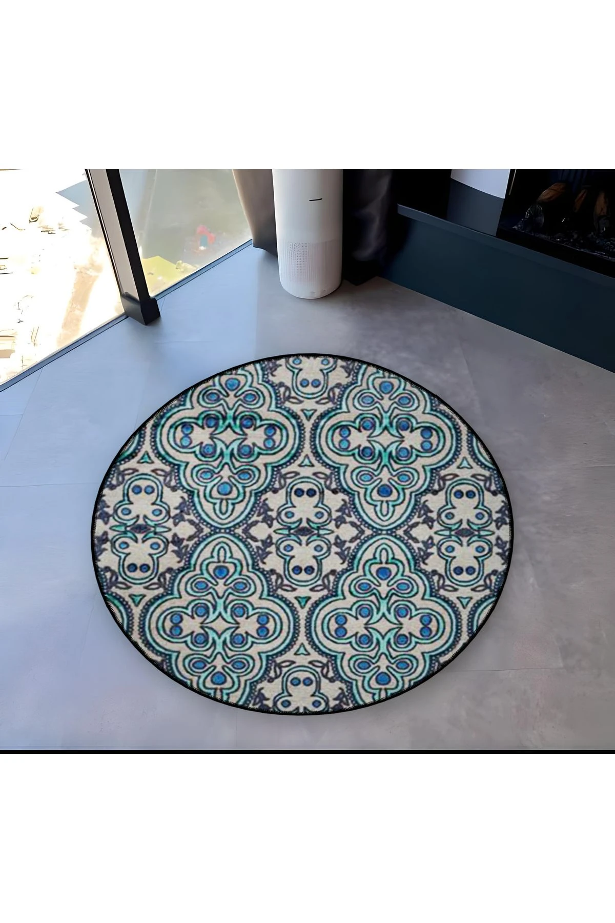 Mira Yuvarlak Mavi Tonlarda Etnik Desen Detaylı Dokuma Taban Modern Dekoratif Halı 5590