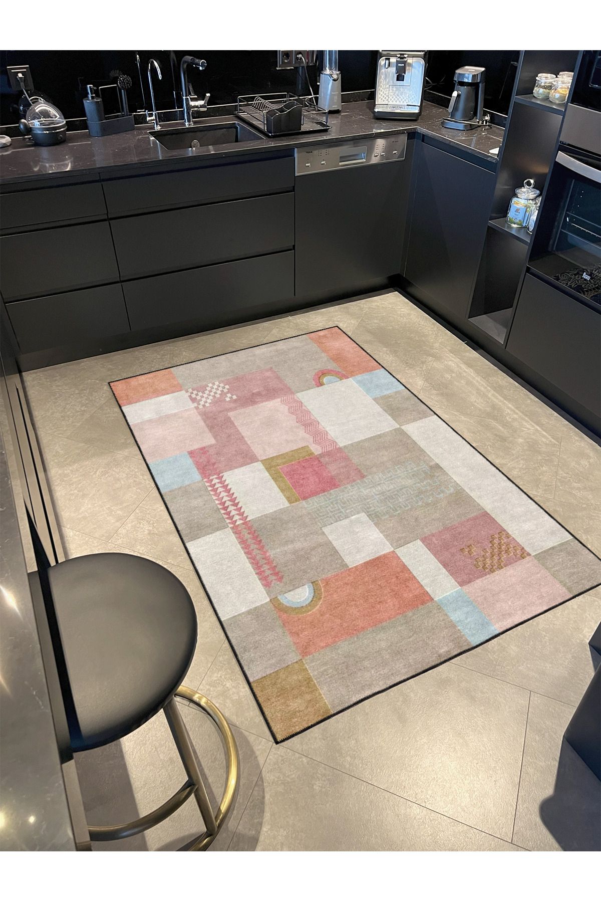 Pembe Krem Kareli Desenli Dekoratif Halı miravip893