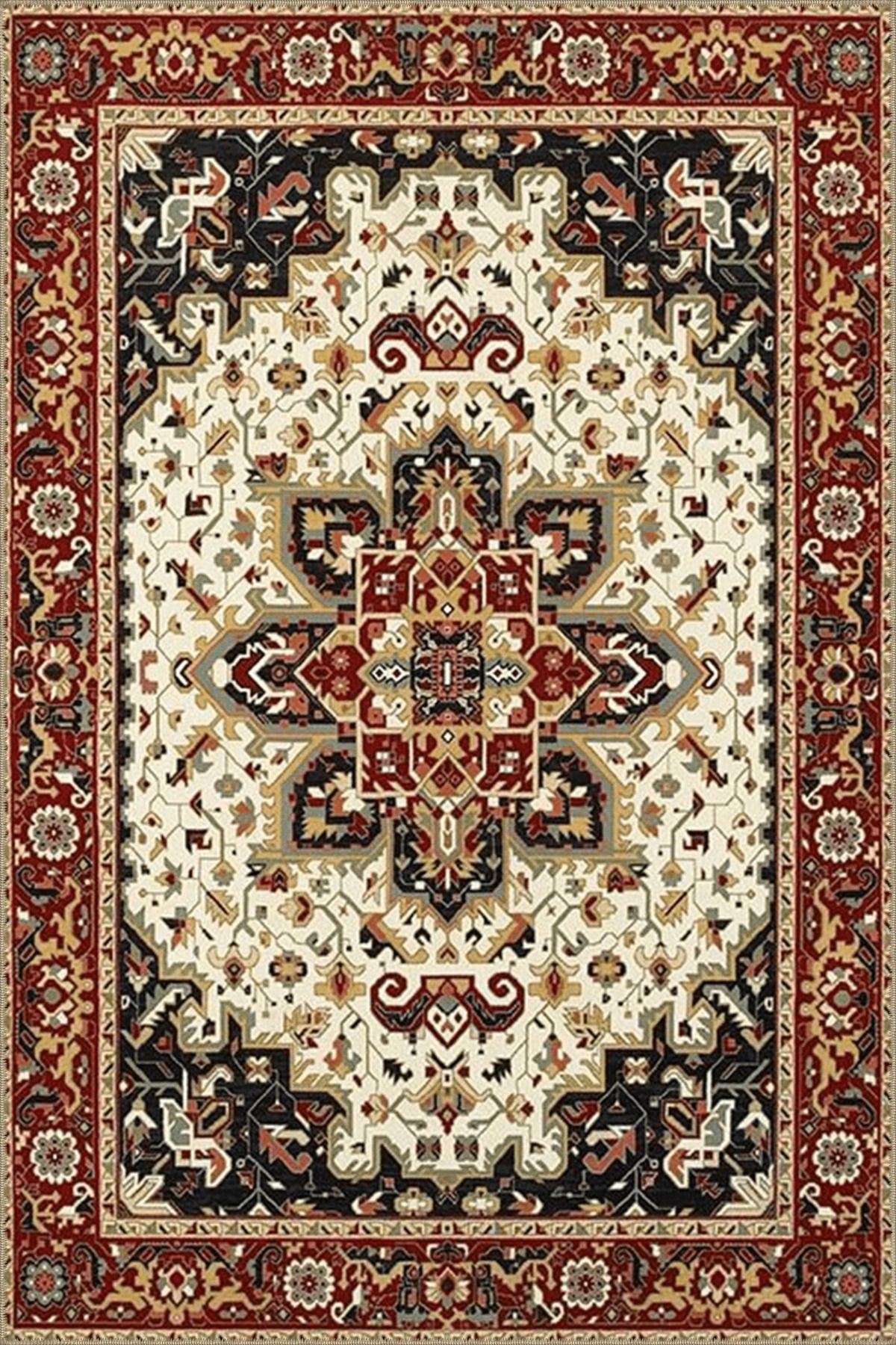 Bordo Bej Temalı Geleneksel Motif Çiçek Desenli Vintage Dekoratif Halı 3944