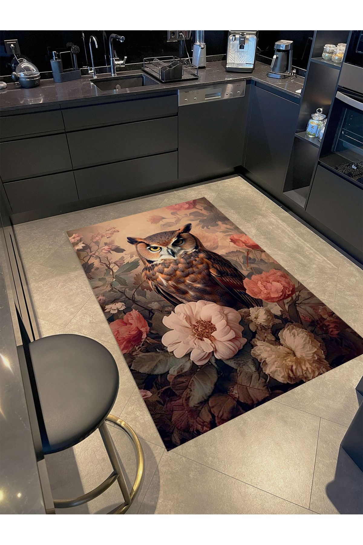 Güneş Koleksiyonu Pastel Tonlarda Baykuş Desenli Dokuma Taban Modern Dekoratif Halı güneş23
