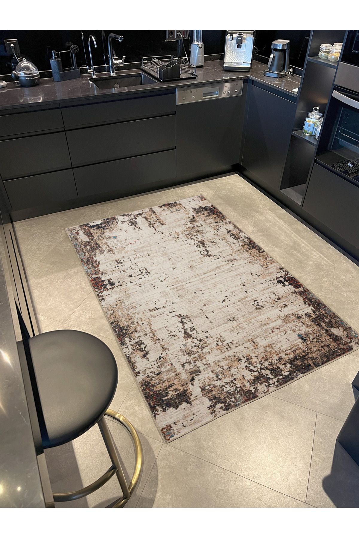 Kahve Bej Temalı Abstract Soyut Desenli Kreatif Modern Dekoratif Halı 3938