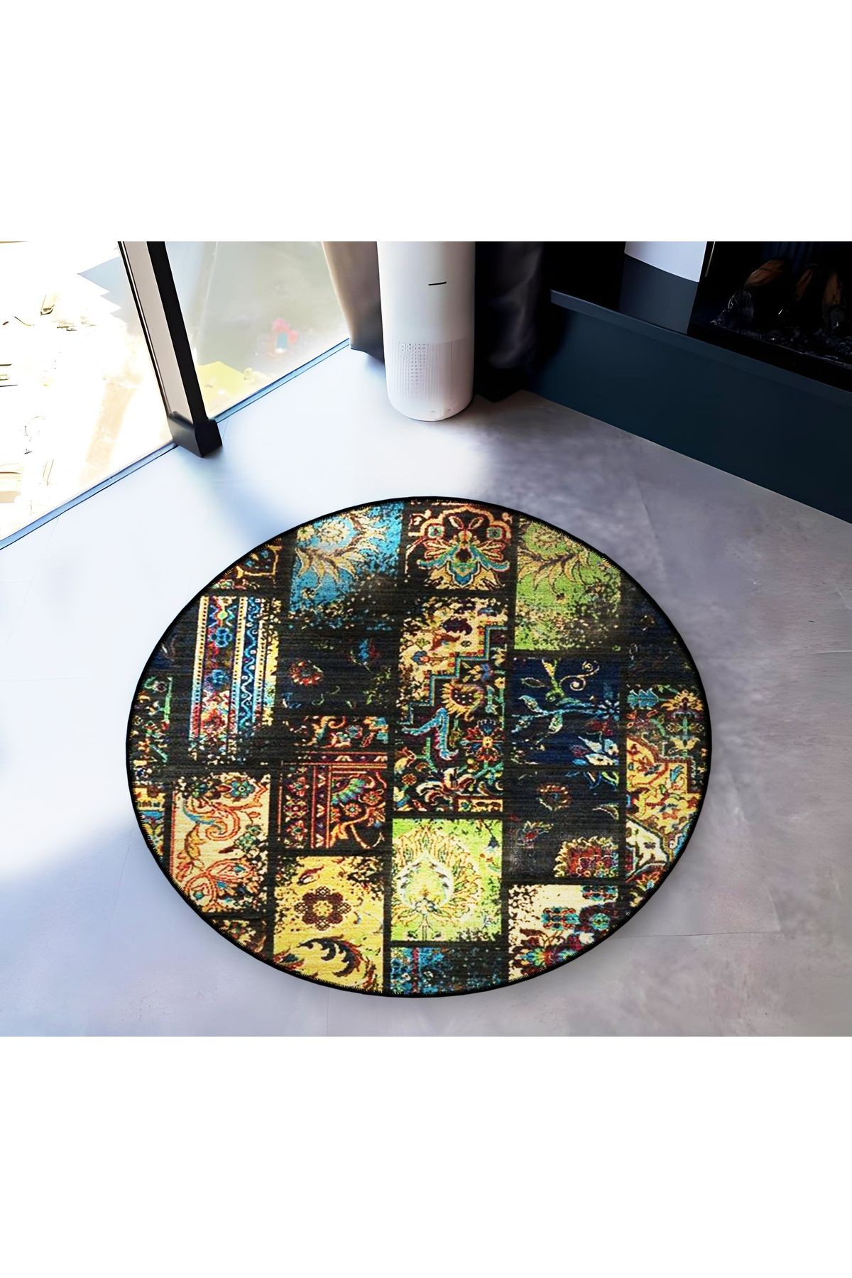 Mira Yuvarlak Çok Renkli Patchwork Detaylı Dokuma Taban Modern Dekoratif Halı 5693