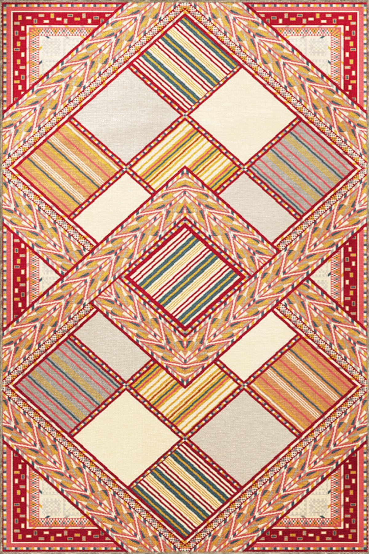 Bej Turuncu Temalı Çiçek Geometrik Desenli Vintage Dekoratif Halı 3425