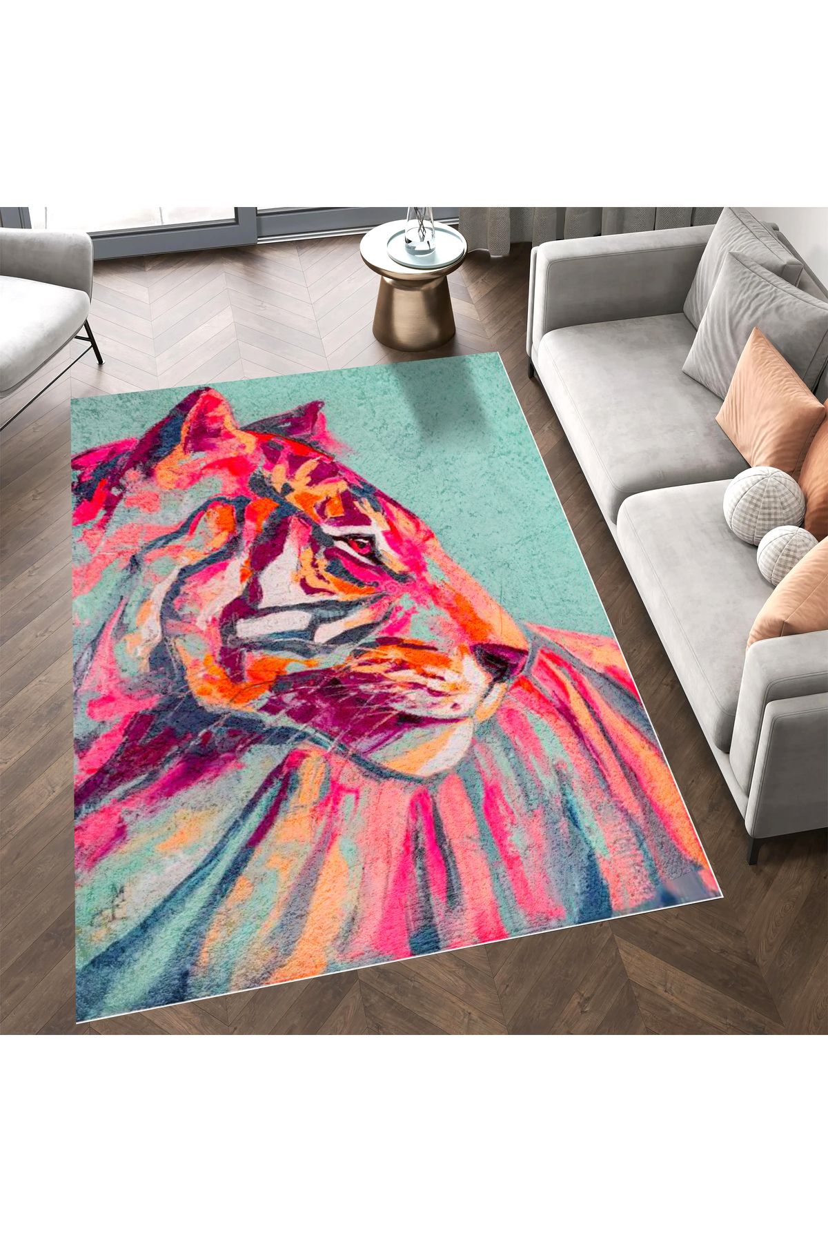 Kuzey Koleksiyonu Mavi Pembe Detaylı Kaplan Dokuma Taban Dekoratif Halı kuzey40