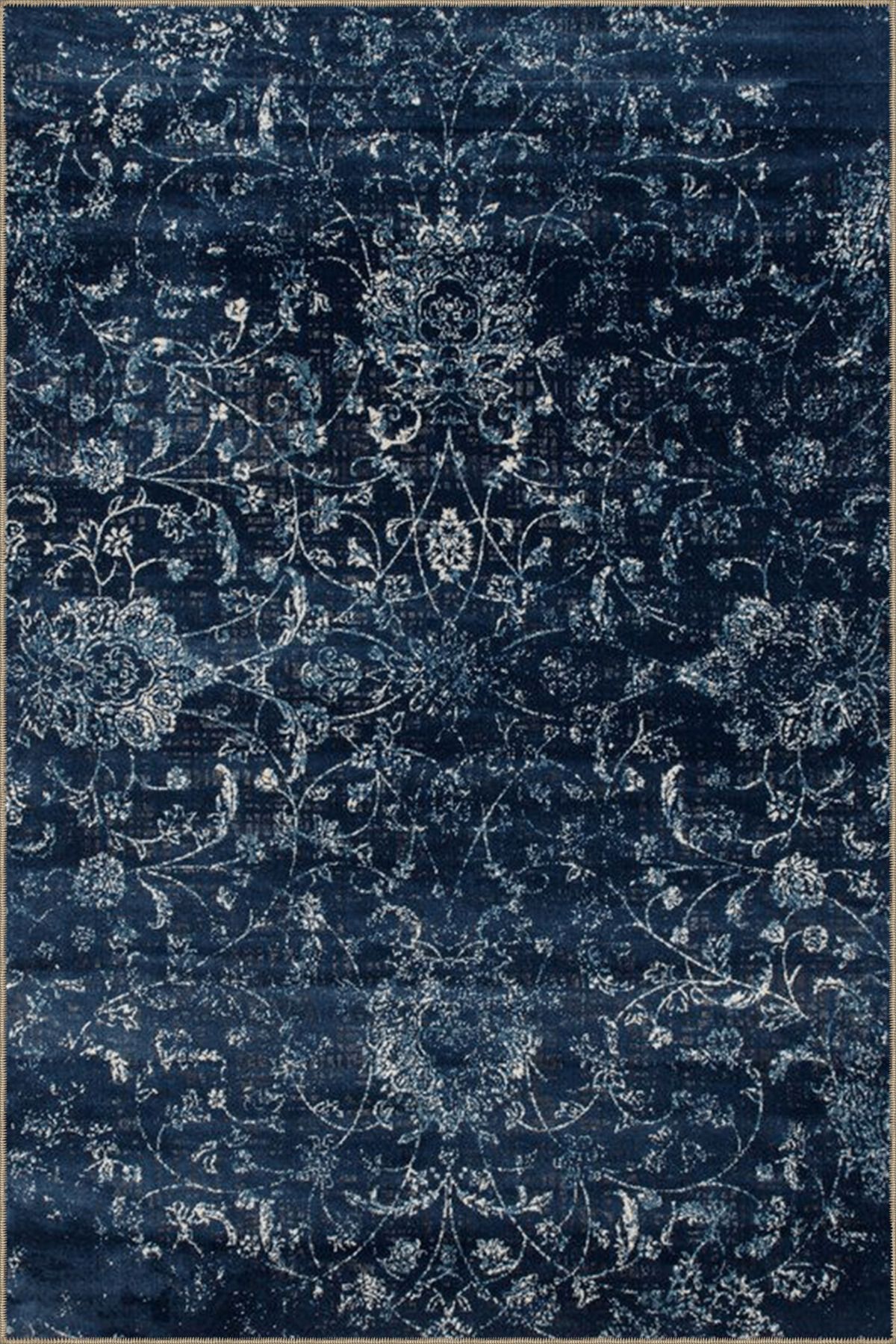 Lacivert Temalı Motifli Etnik Çiçek Desenli Vintage Dekoratif Halı 4914