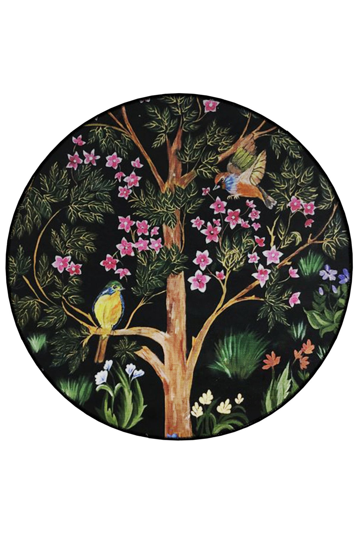 Mira Yuvarlak Ağaç Dalında Kuşlar ve Pembe Çiçekler Detaylı Dokuma Taban Modern Dekoratif Halı 5686