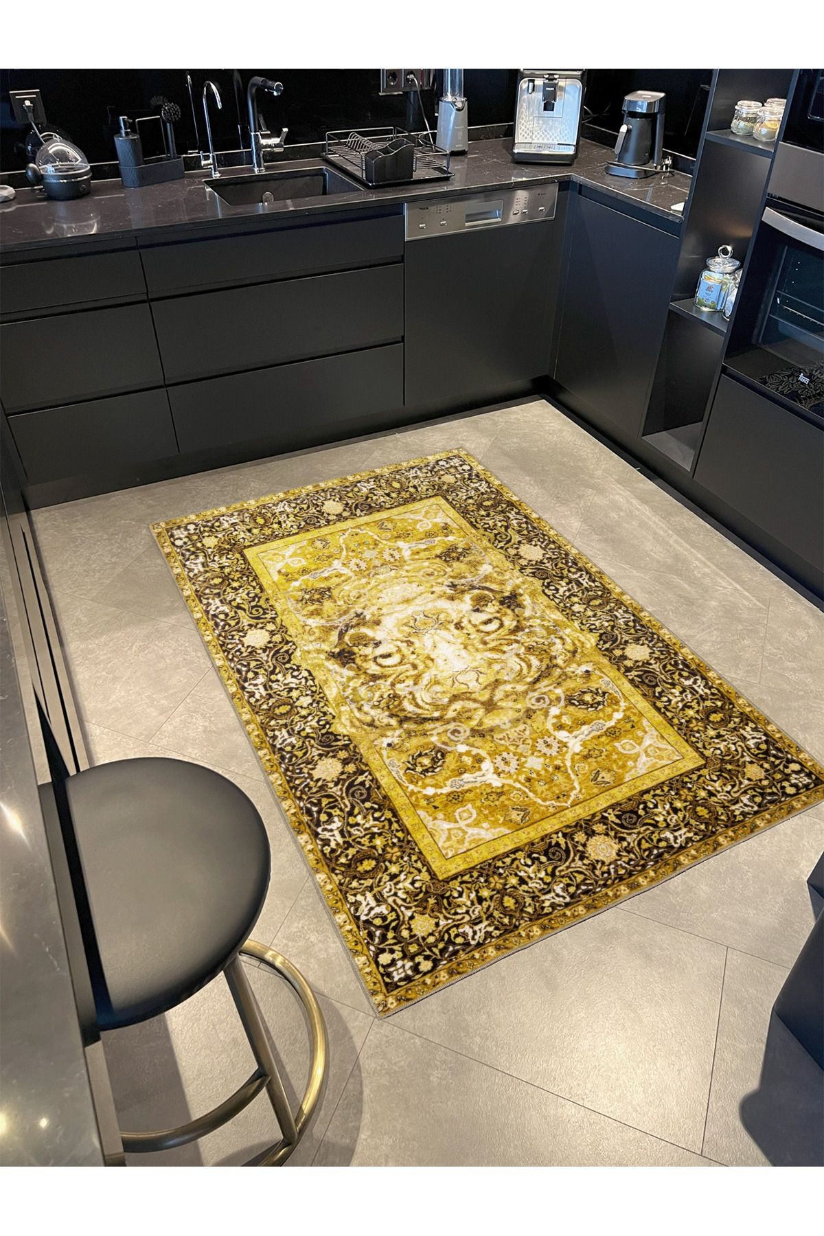 Sarı Temalı Geleneksel Motif Etnik Desenli Vintage Dekoratif Halı 3431