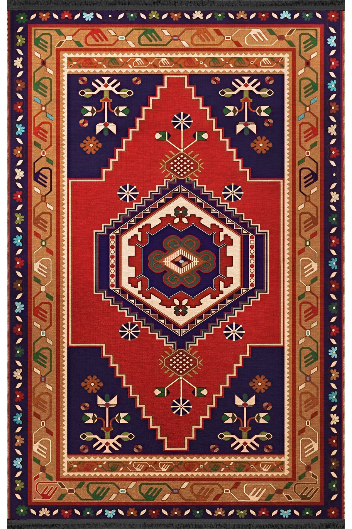 Mavi Kırmızı Temalı Çok Renkli Geleneksel Motif Çiçek Desenli Vintage Dekoratif Halı 2042