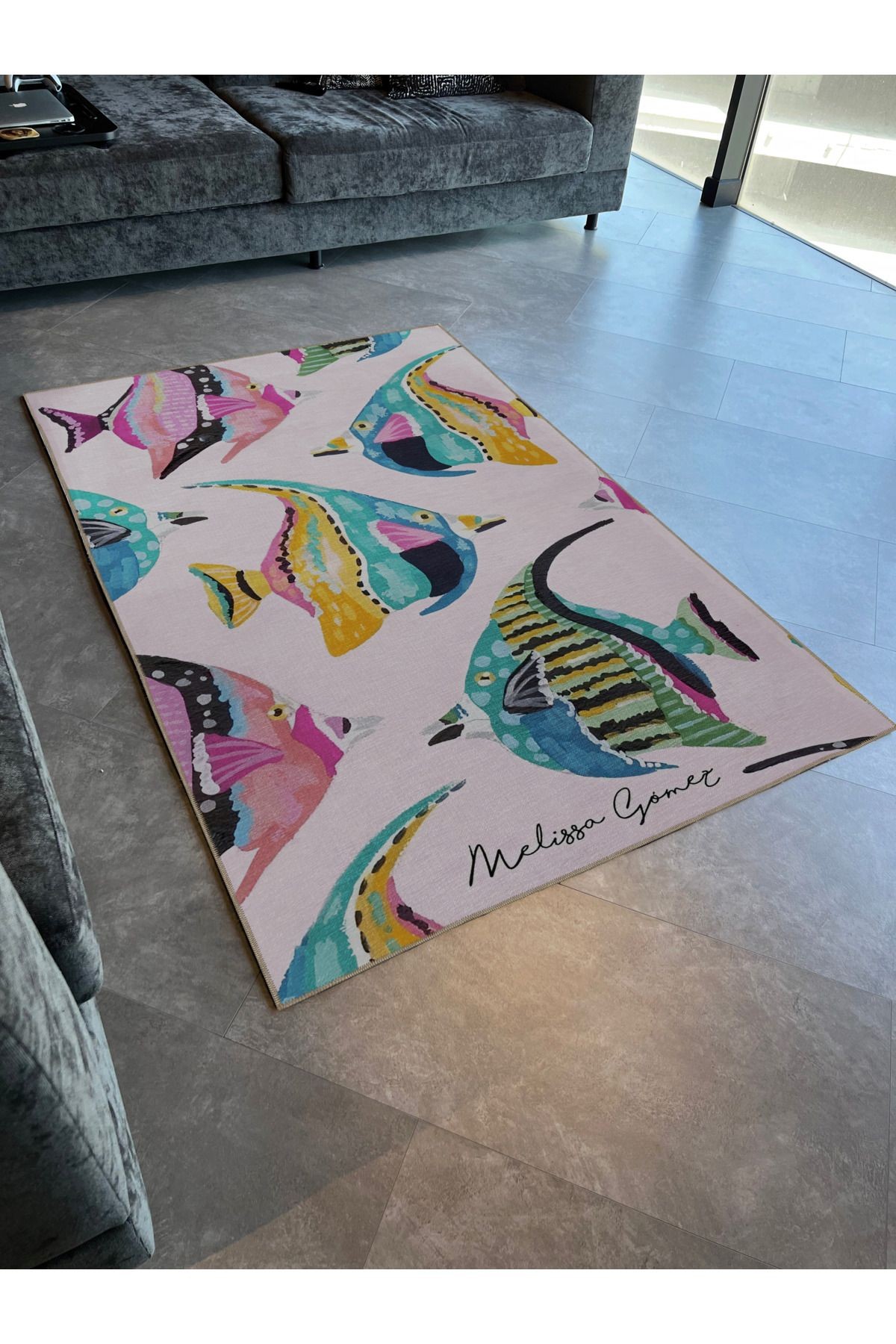 Mavi Pembe Temalı Çok Renkli Discus Balık Desenli Modern Dekoratif Halı 2071