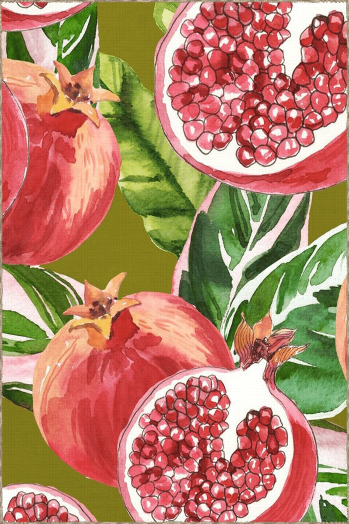 Yeşil Kırmızı Temalı Nar Desenli Kreatif Modern Dekoratif Halı 3847