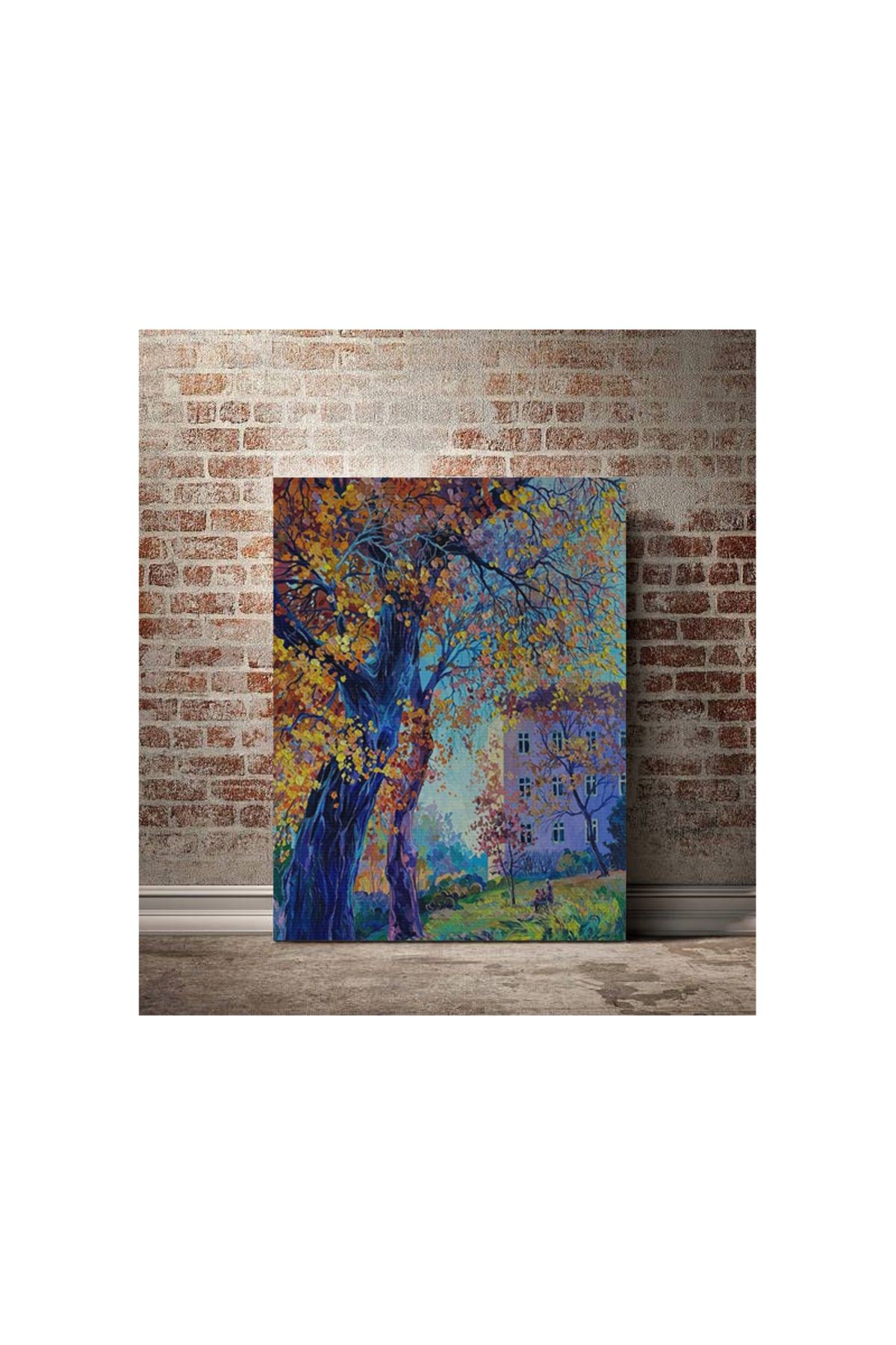Kanvas Tablo Ev ve Blue Ağaç Desenli Modern Tablo