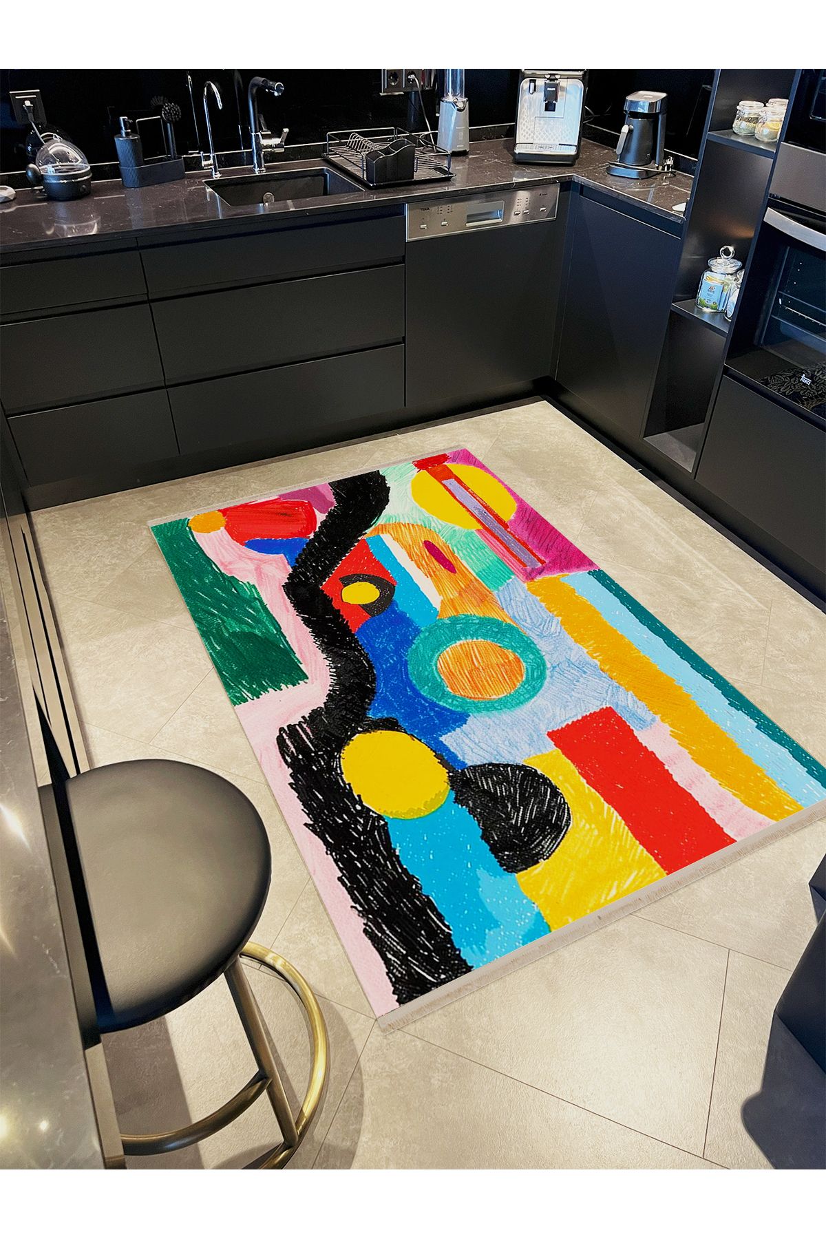 Özge Koleksiyonu Çok Renkli Boyama Görünümlü Dokuma Taban Modern Dekoratif Halı özge43