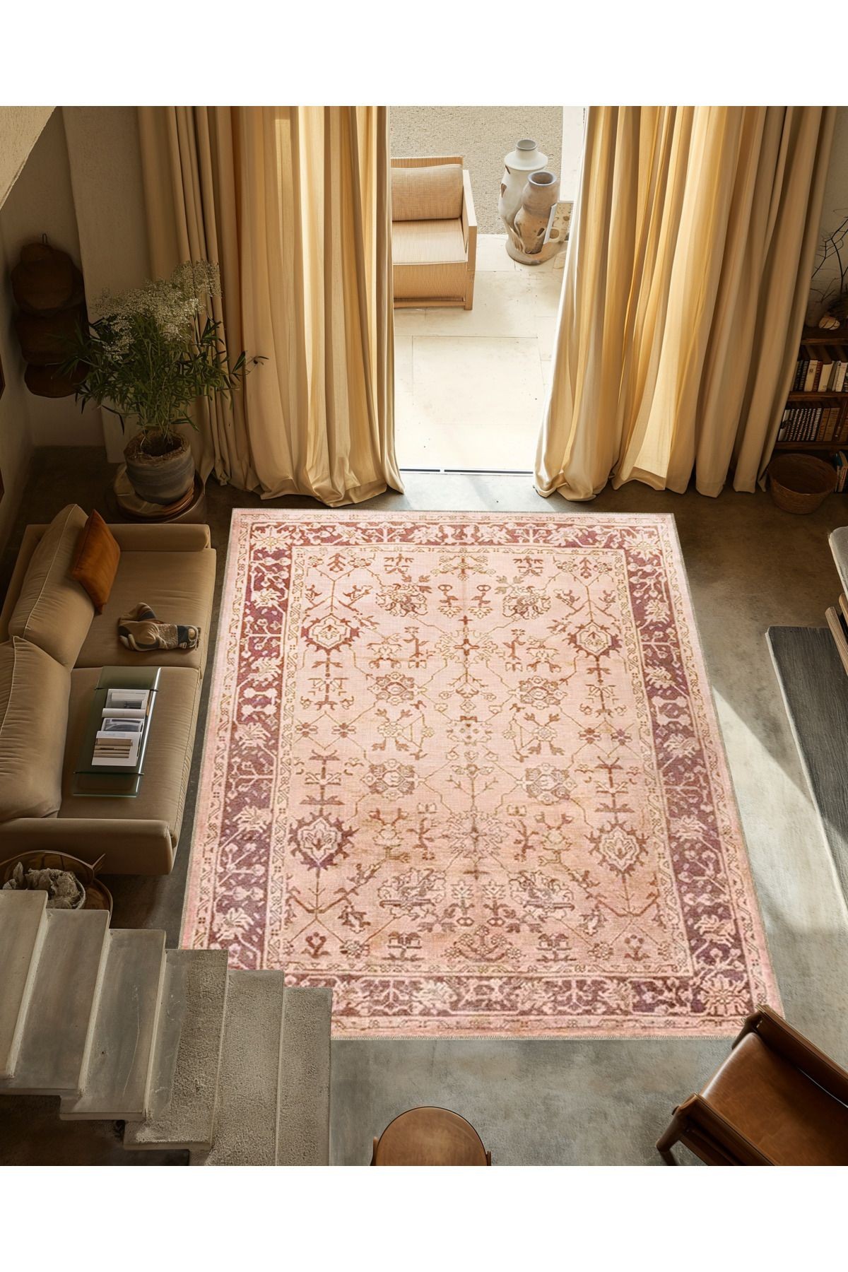 Bej Pudra Temalı Motifli Etnik Çiçek Desenli Vintage Dekoratif Halı 3305