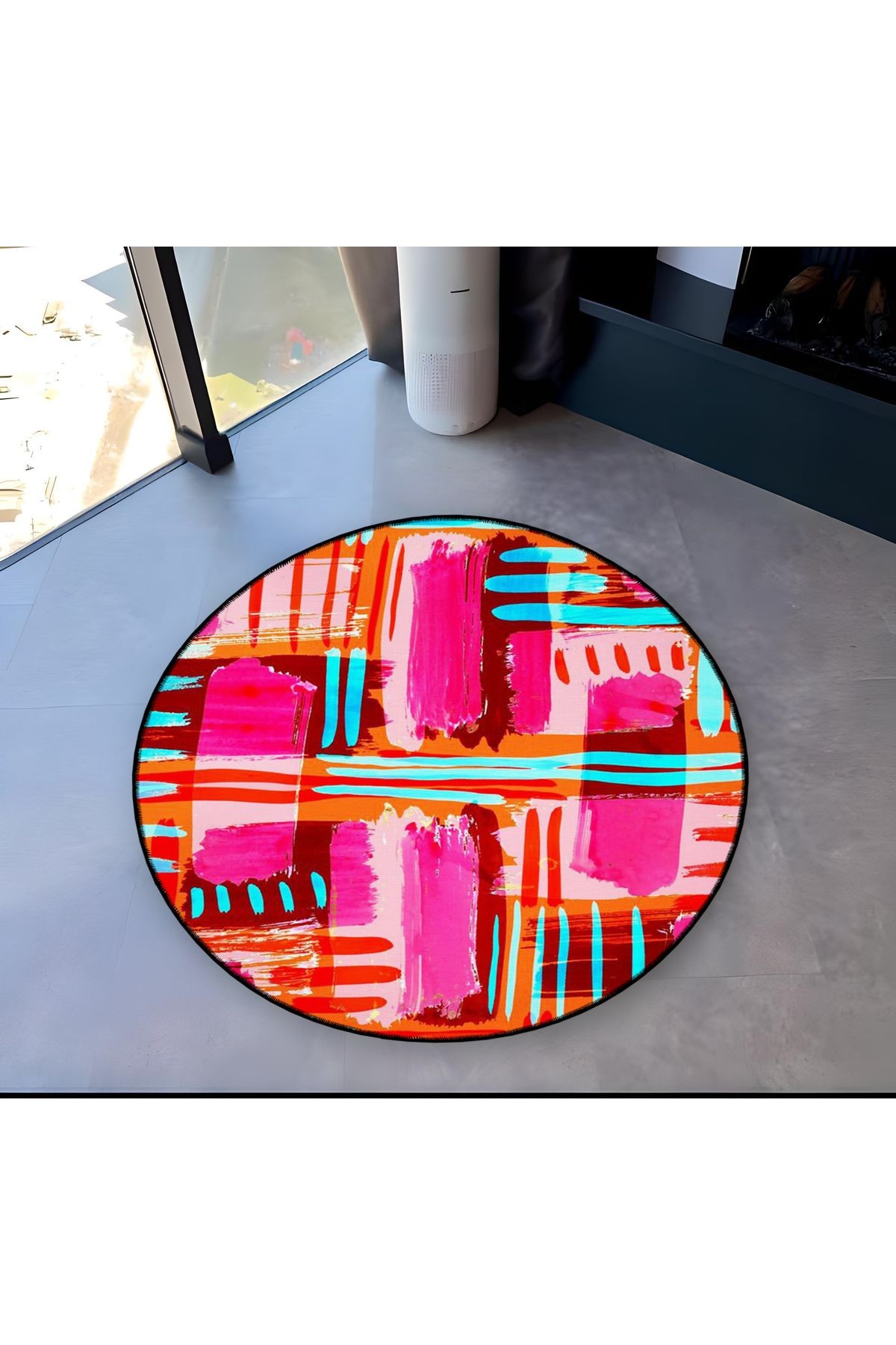 Pembe Temalı Soyut Geometrik Desenli Yuvarlak Dokuma Taban Modern Dekoratif Halı 6101