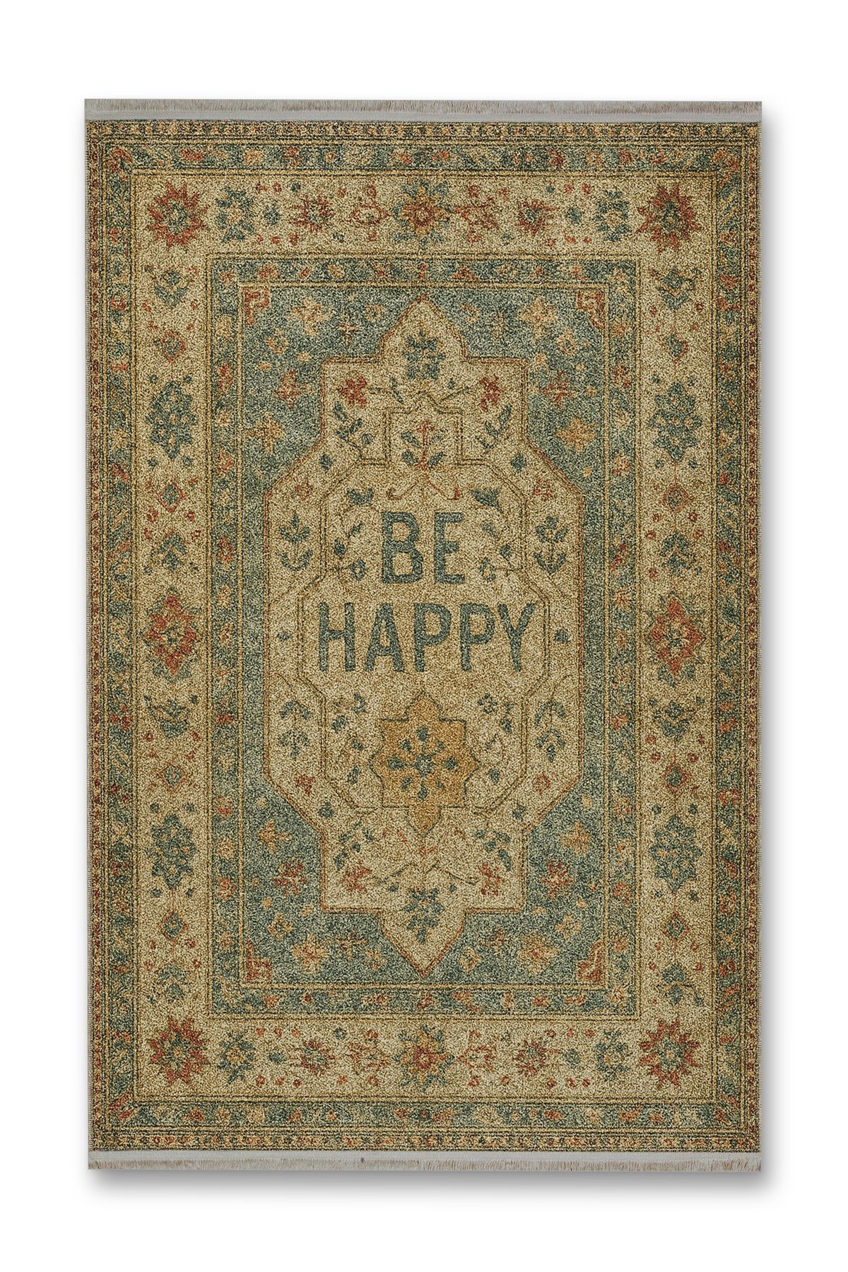 Mosso Eskitme Görünümlü Be Happy Yazı Detaylı Dokuma Taban Modern Dekoratif Halı mosso138