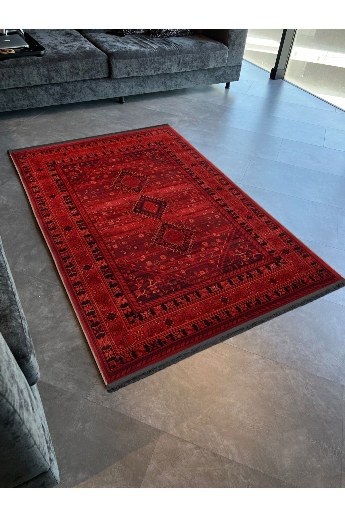 Kırmızı Temalı Geleneksel Motif Etnik Desenli Vintage Dekoratif Halı 1925