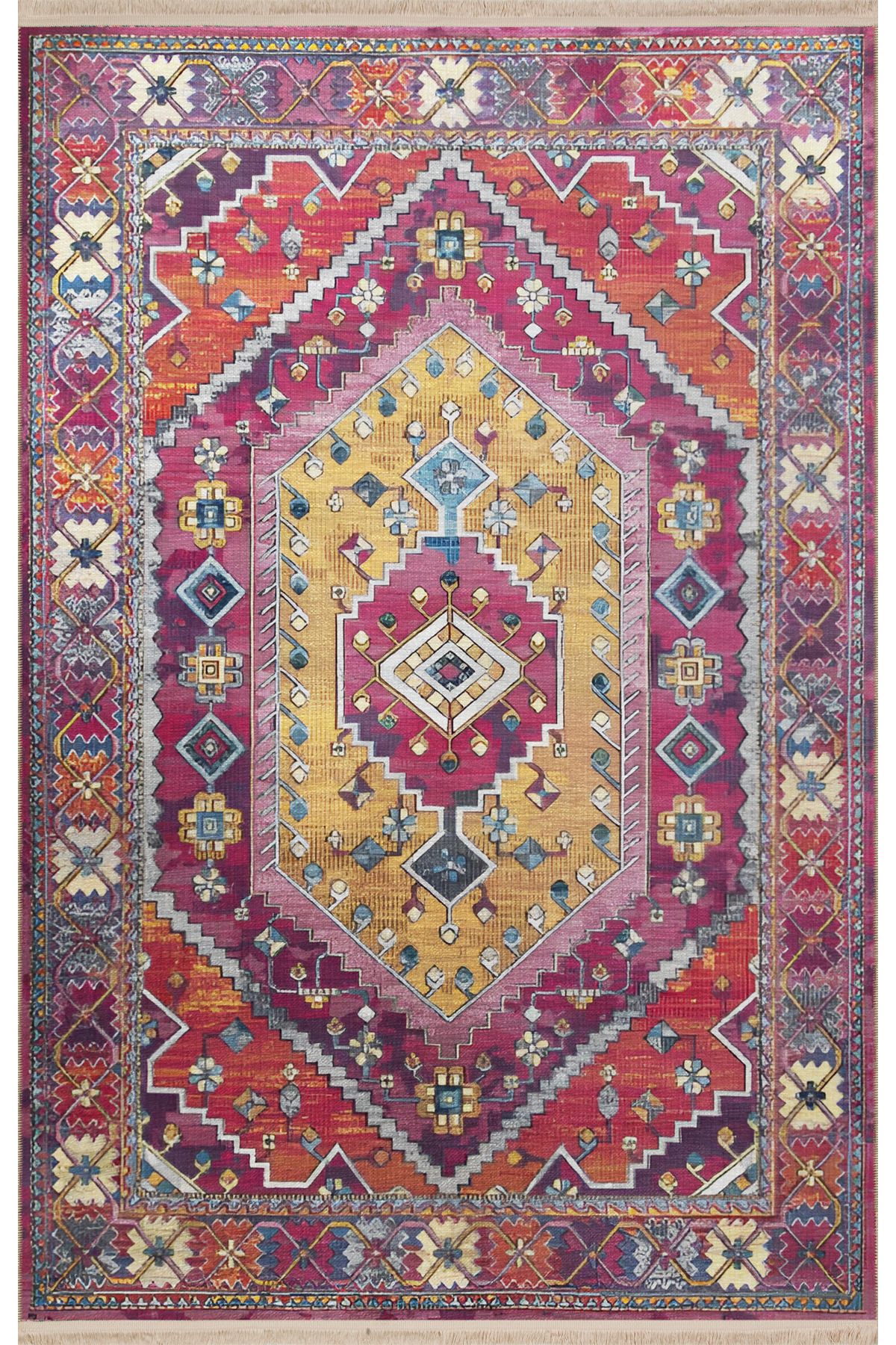 Mor Turuncu Temalı Çok Renkli Geleneksel Motif Etnik Desenli Vintage Dekoratif Halı 2040