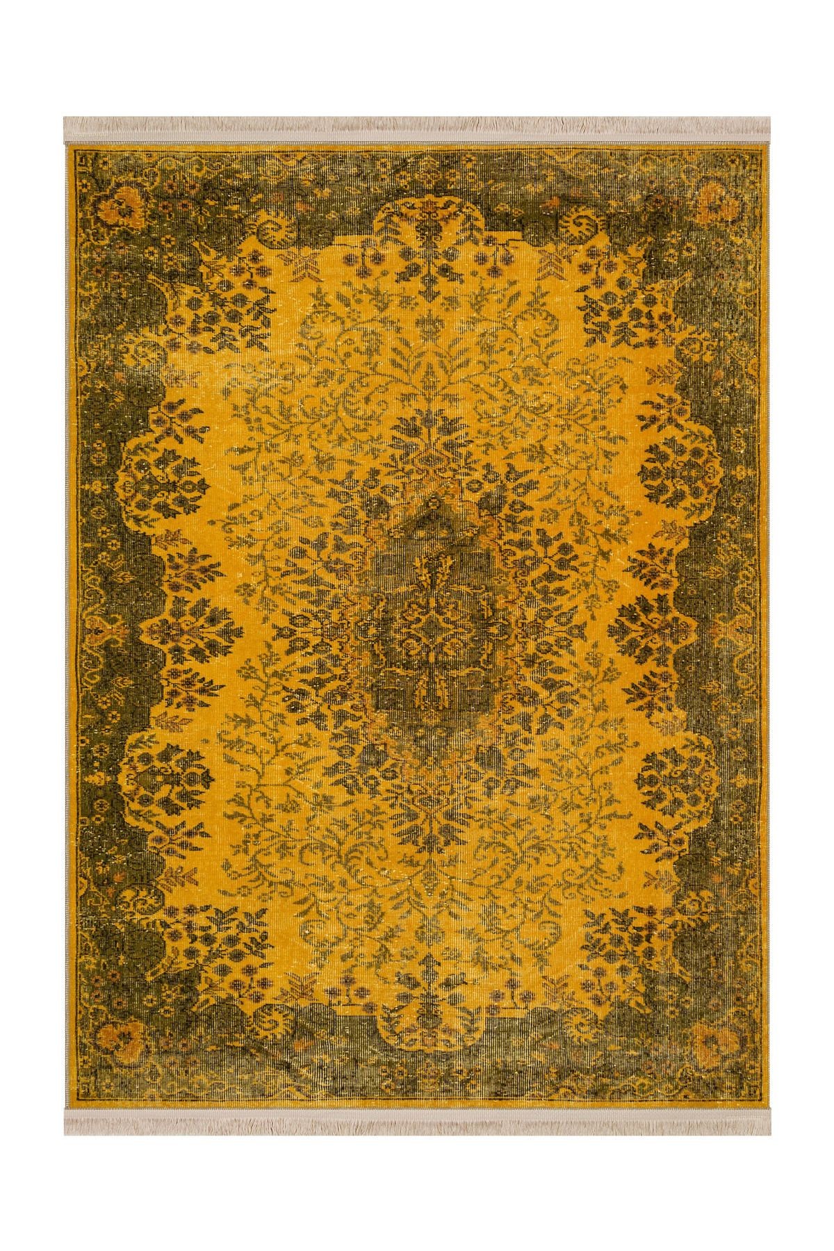 Memlük Koleksiyonu Sarı Tonlar Geleneksel Motif Vintage Desenli Dokuma Taban Dekoratif Halı memlük14
