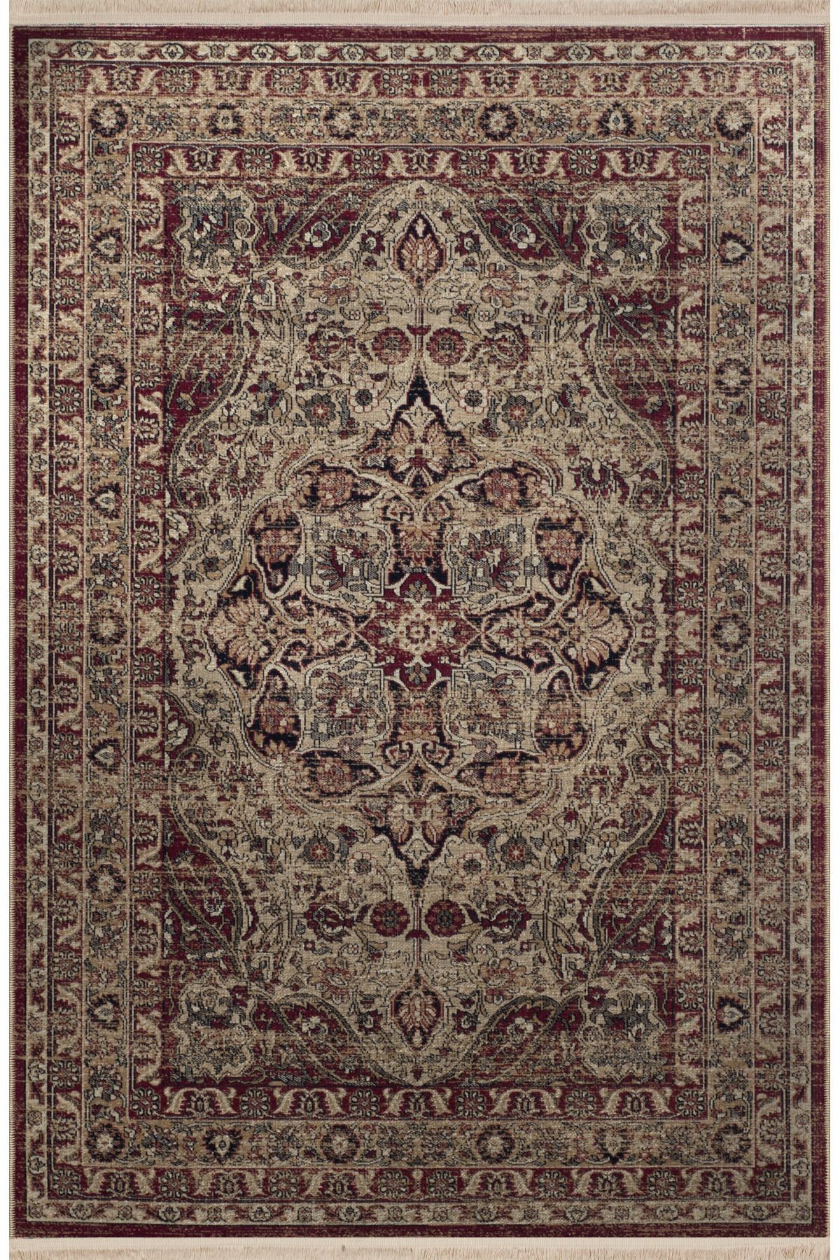 Bordo Bej Temalı Geleneksel Motif Etnik Desenli Kreatif Vintage Dekoratif Halı 3027
