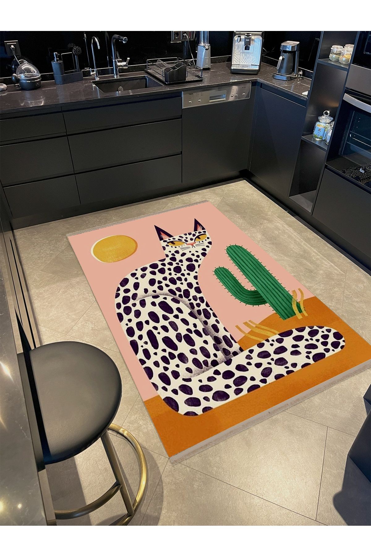 Efe Koleksiyonu Çok Renkli Benekli Kedi ve Kaktüs Desenli Dokuma Taban Modern Dekoratif Halı 15